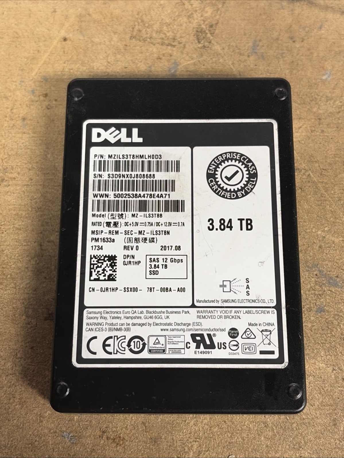 DELL MZILS3T8HMLH0D3 SSD 3.84TB SAS 12Gb/s 2.5" JR1HP PM1633a 512b/s