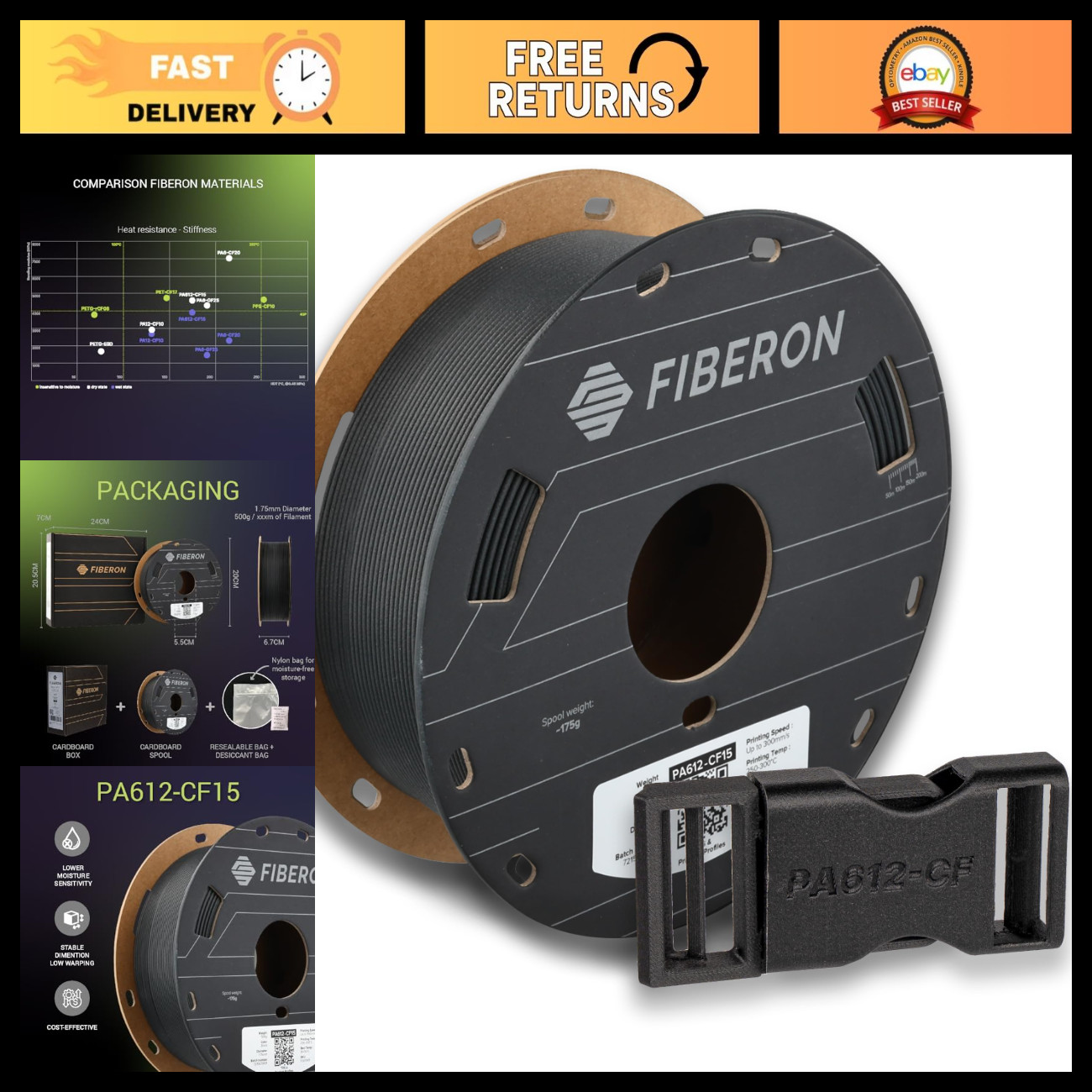 High-Performance Carbon Fiber Nylon Filament 1.75mm, Black, 0.5kg - 3D Printing