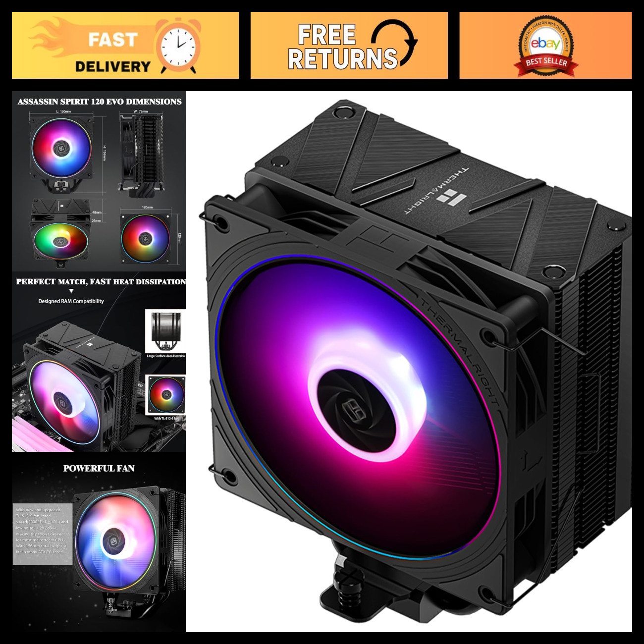 High-Performance CPU Cooler with 4 Heat Pipes, 156mm Heatsink for AMD/Intel LGA
