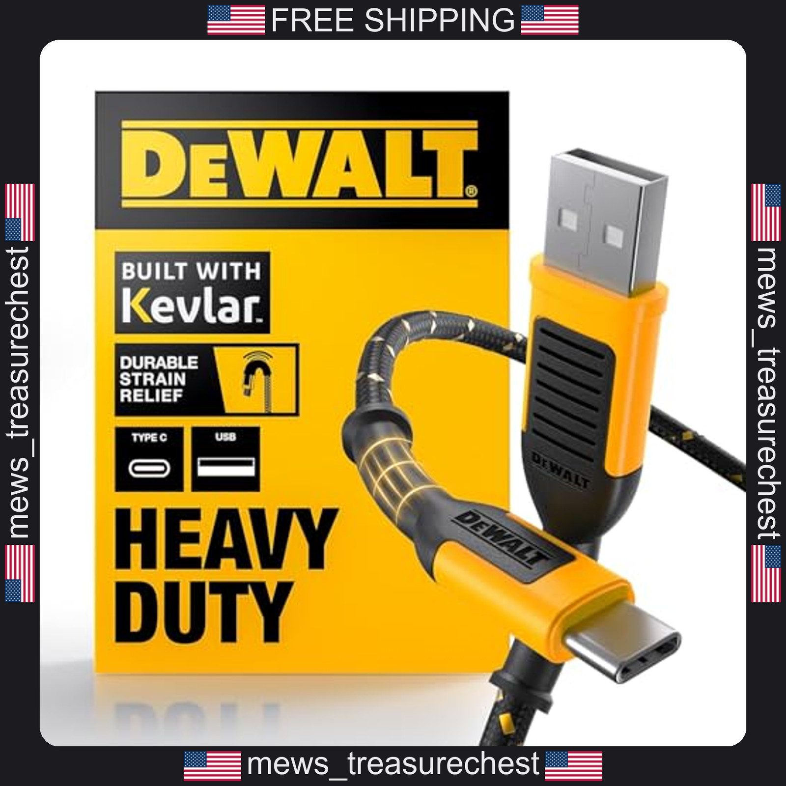 DeWalt Heavy Duty USB to USB C Cable 6ft Durable Kevlar Reinforced