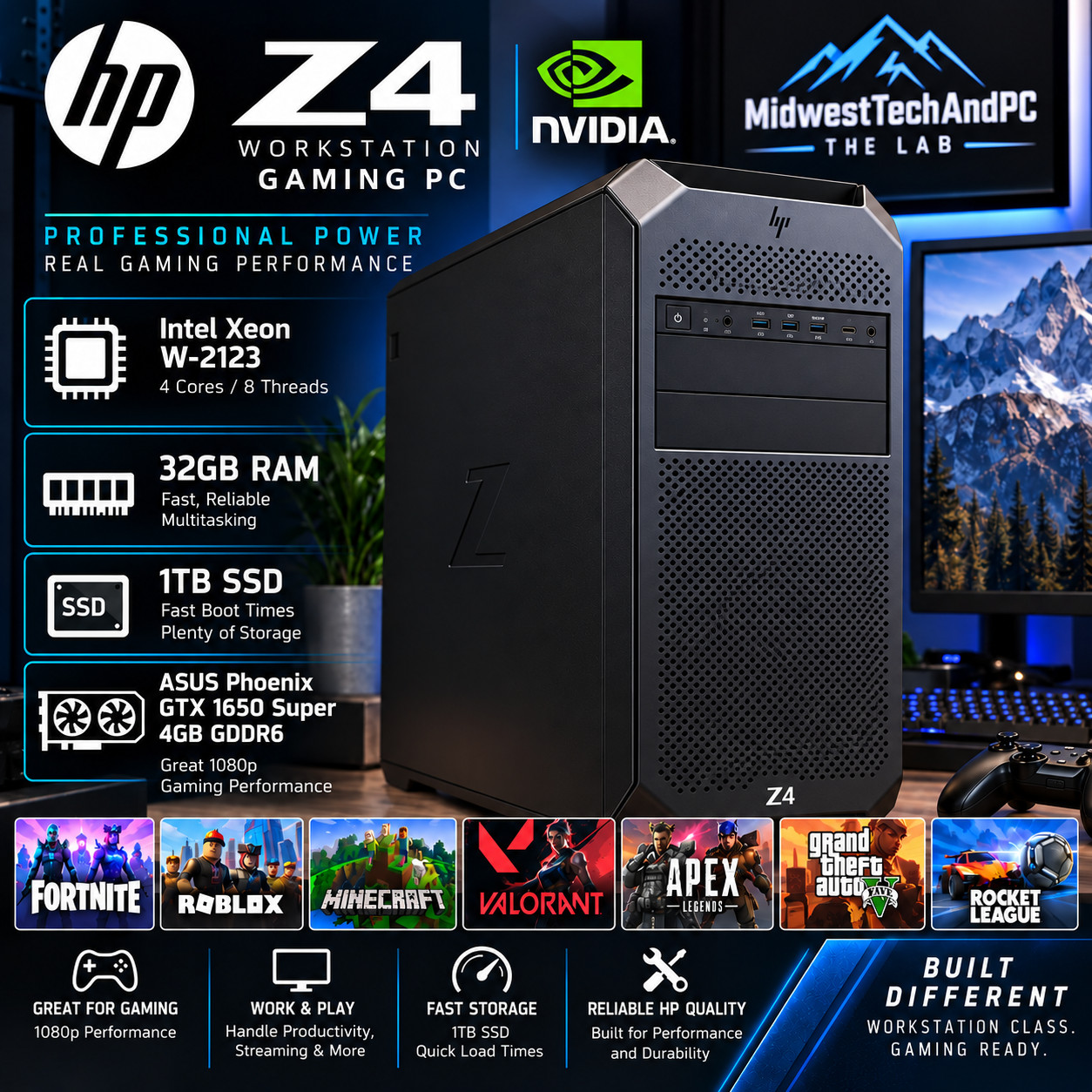 Gaming PC 32gb RAM Intel 1TB SSD GTX1650S workstation computer Win11 Desktop HP