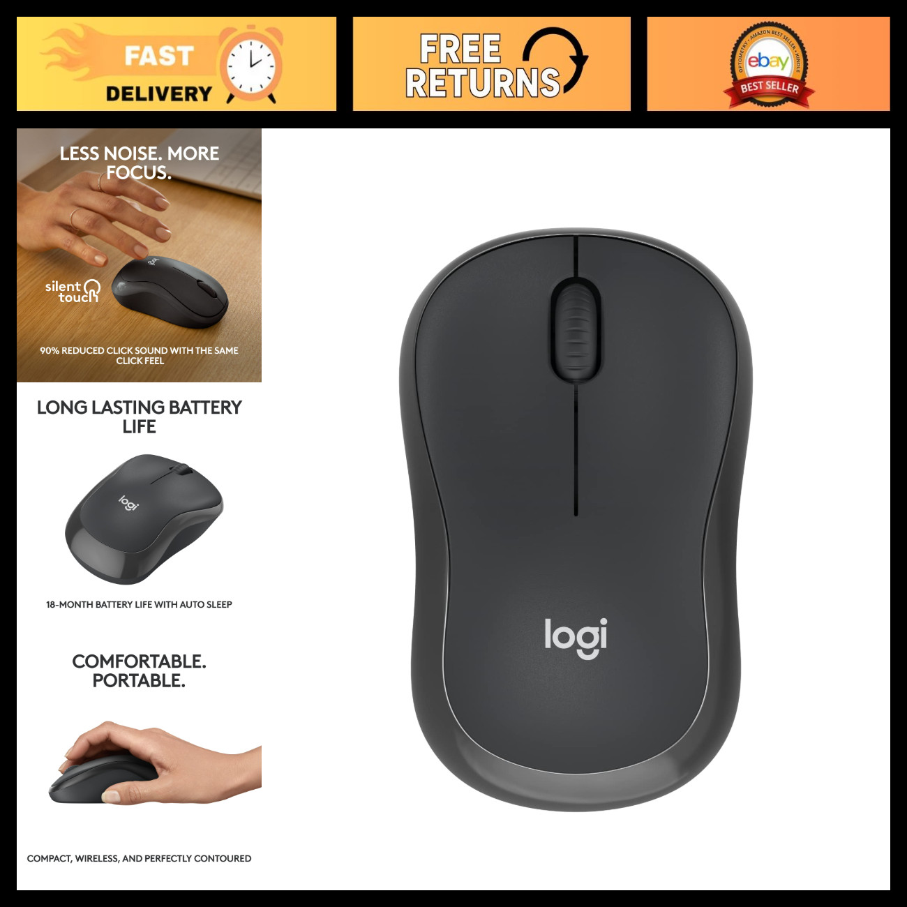 Compact Silent Bluetooth Wireless Mouse - Wireless, Ergonomic, Graphite Color