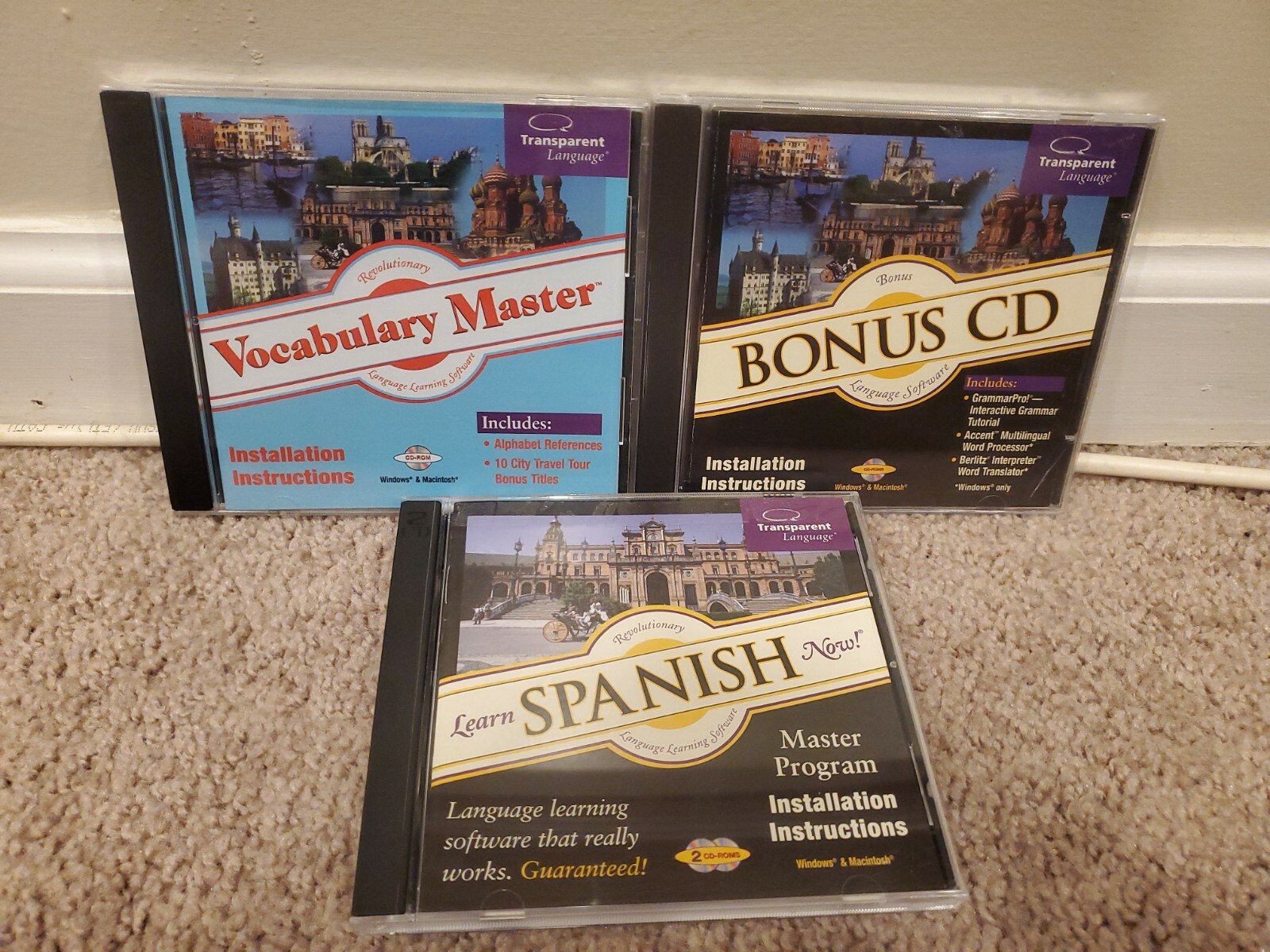 Lot of 3 Transparent Language Software: Spanish Now Version 7, Vocab Master