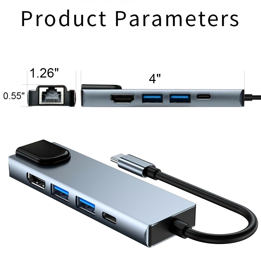 5 IN 1 Type-C to USB 3.0 Hub 4K HDMI RJ45 Ethernet Adapter for Macbook Keyboard