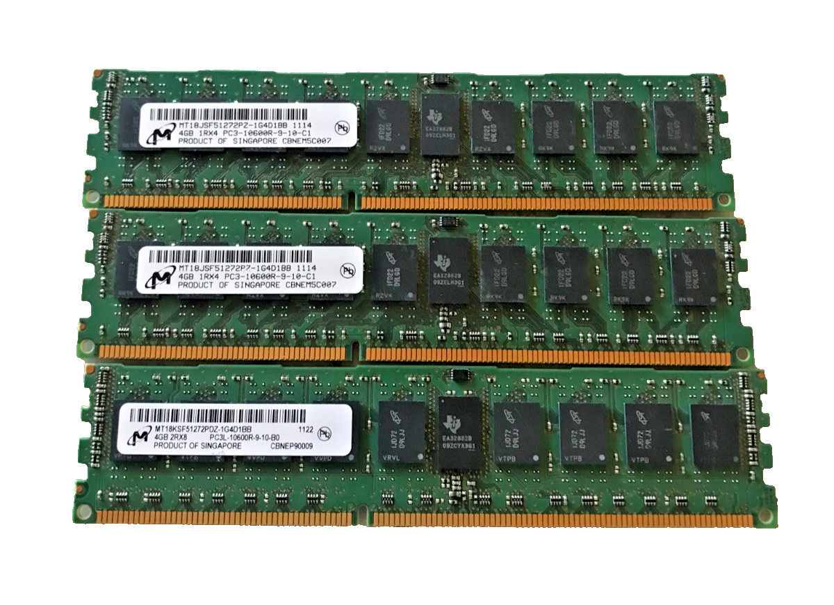 12GB Micron (3x4gb) 1RX4  PC3-10600R MT18JSF51272PZ-1G4D1BB
