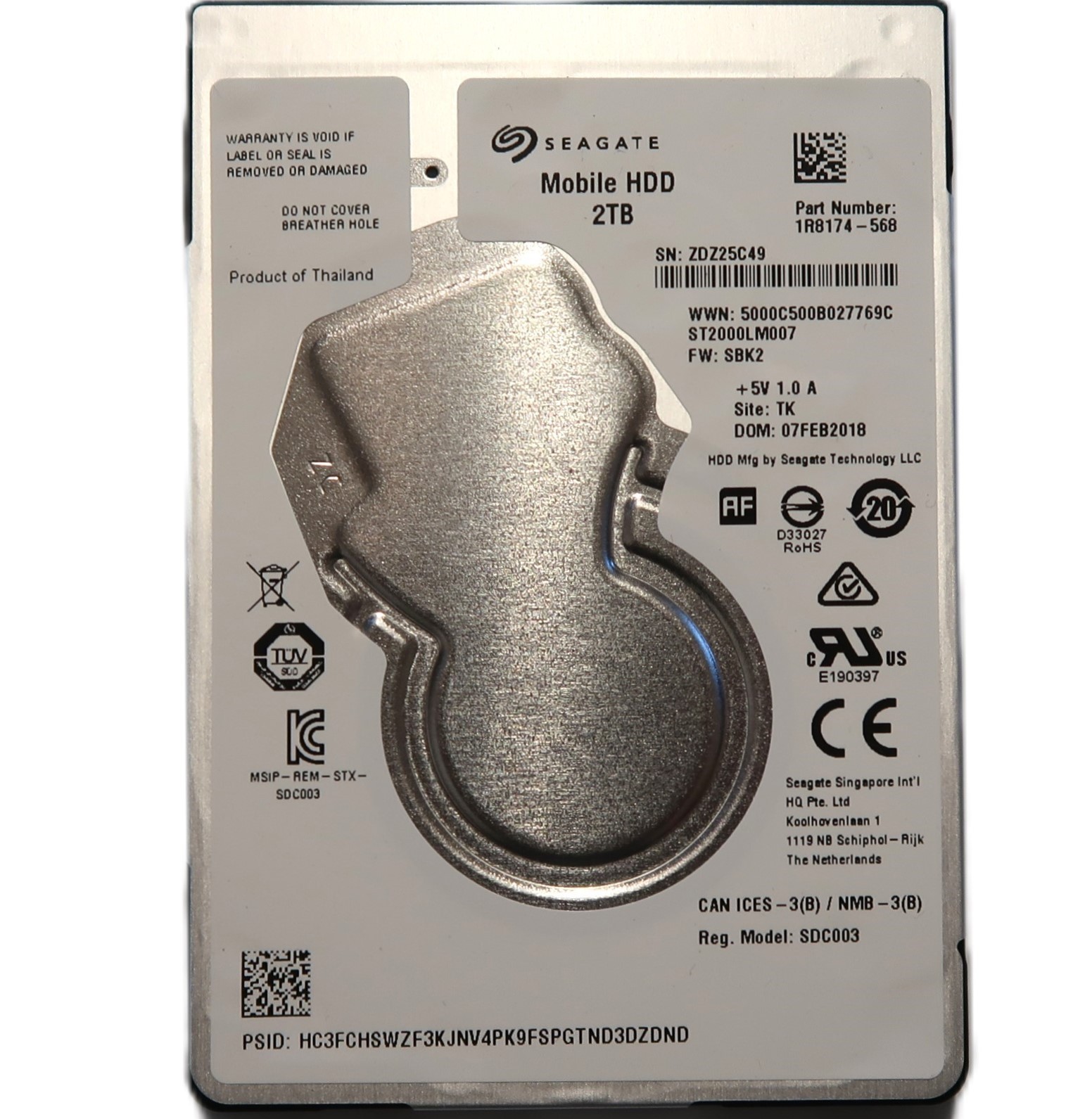 Seagate ST2000LM007 PN: 1R8174-568 SBK2 (ZDZ) TK Thailand 2.5" 2TB Sata FEB/2018