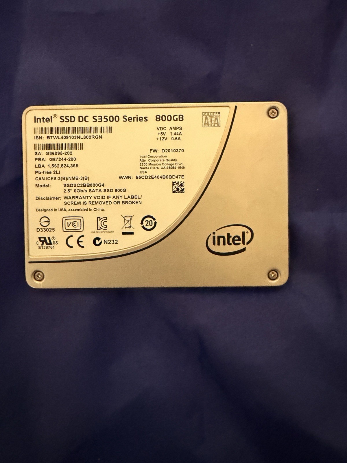 Intel DC S3500 Series 800GB SSD 2.5" SATA 6Gb/s SSDSC2BB800G4 Solid State Drive