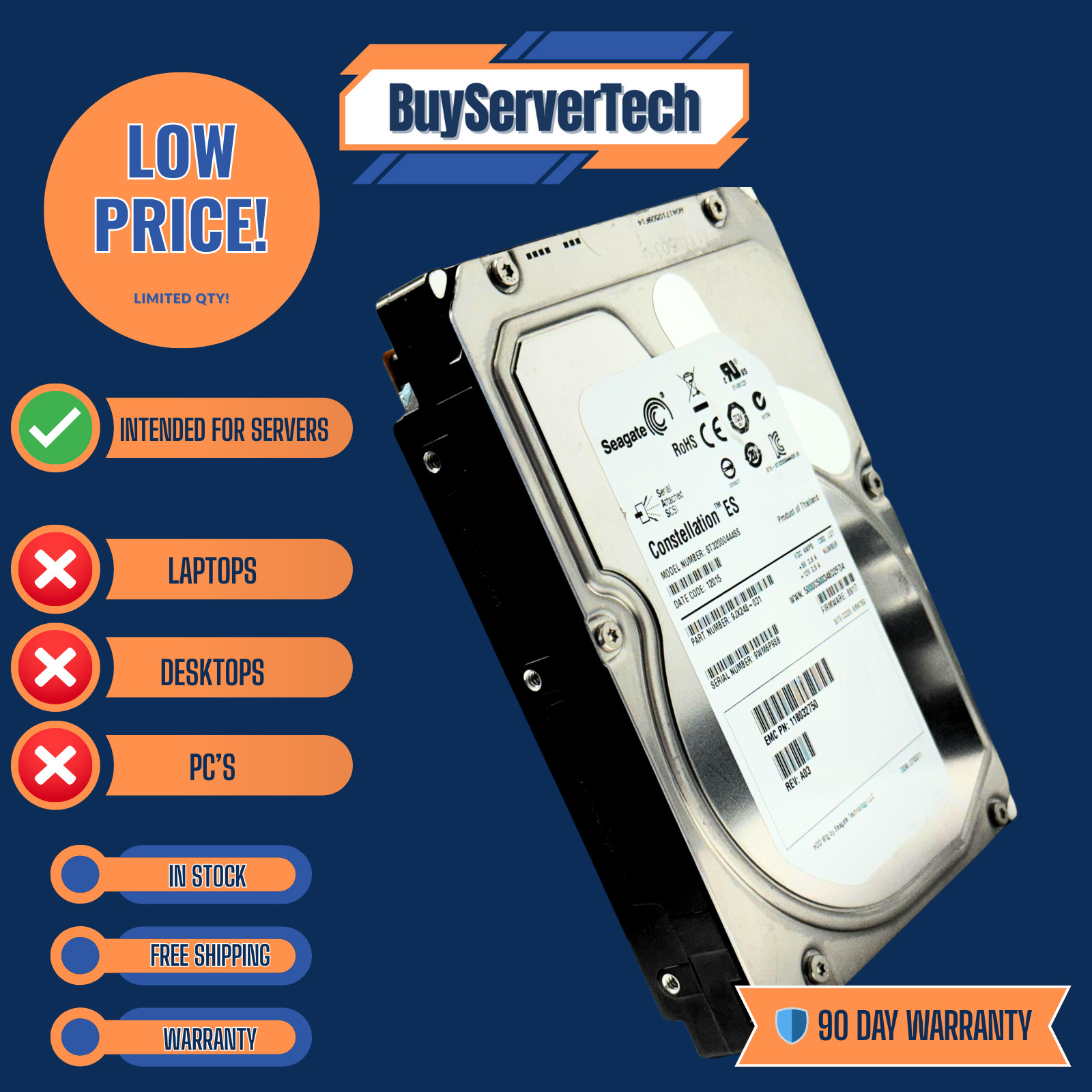 Seagate ST32000444SS 2TB 7200RPM 6Gb/s SAS 3.5" HDD | Constellation ES | 90-Day