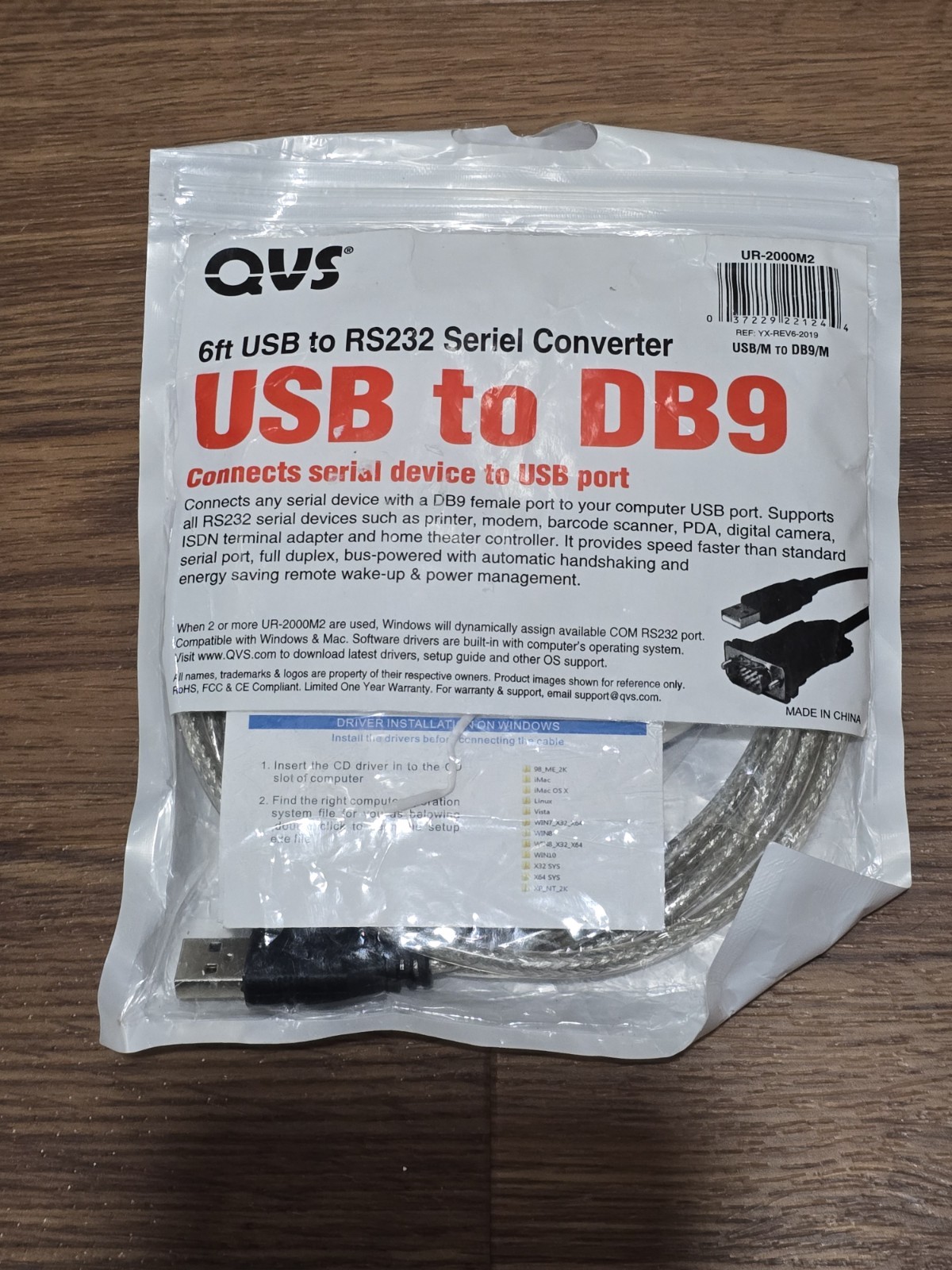 QVS UR-2000M2 6ft USB Type A Male to RS-232 DB9 Serial Converter Cable
