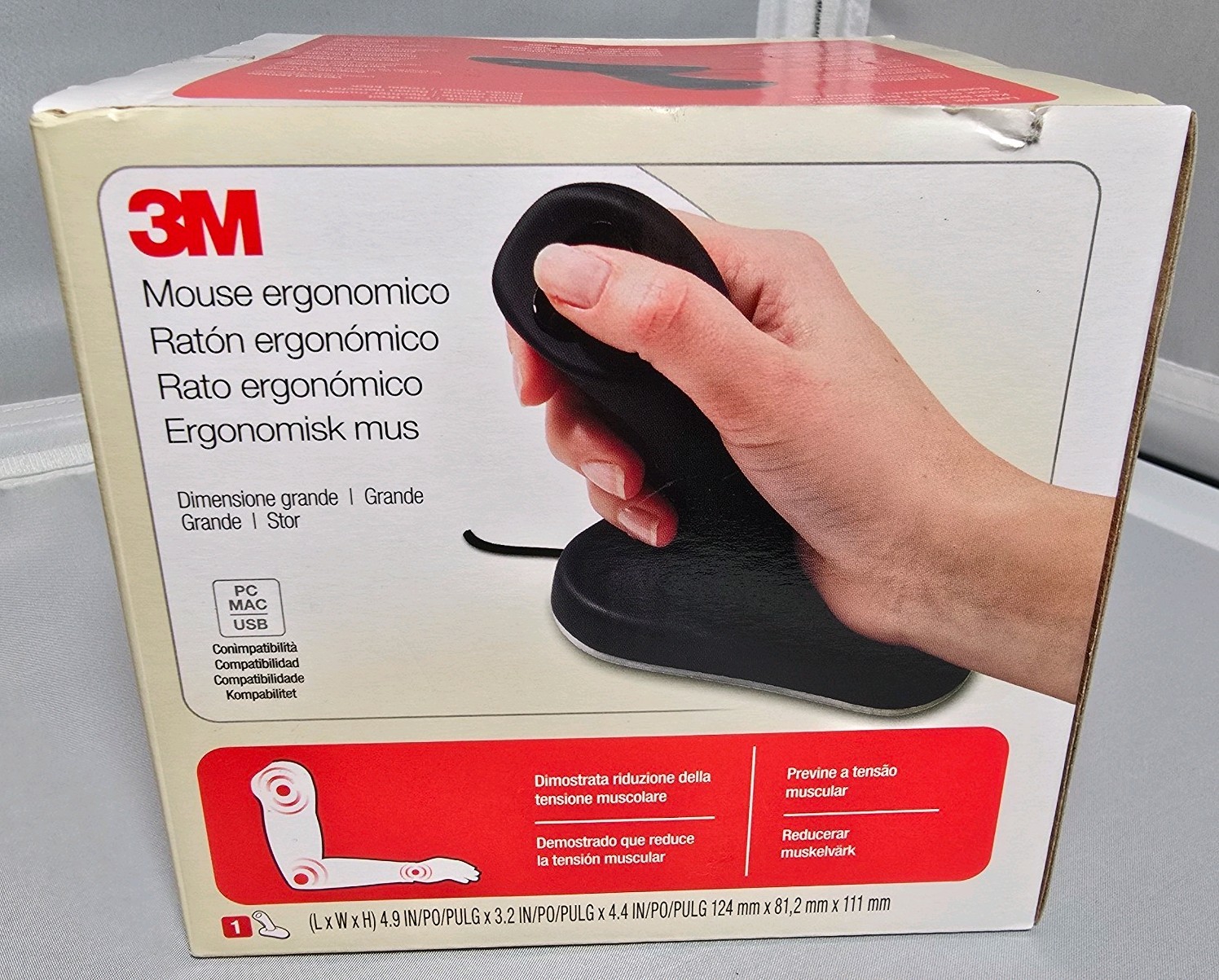 3M Wired Ergonomic Optical Mouse Large Size EM500GPL Vertical Grip NEW SEALED