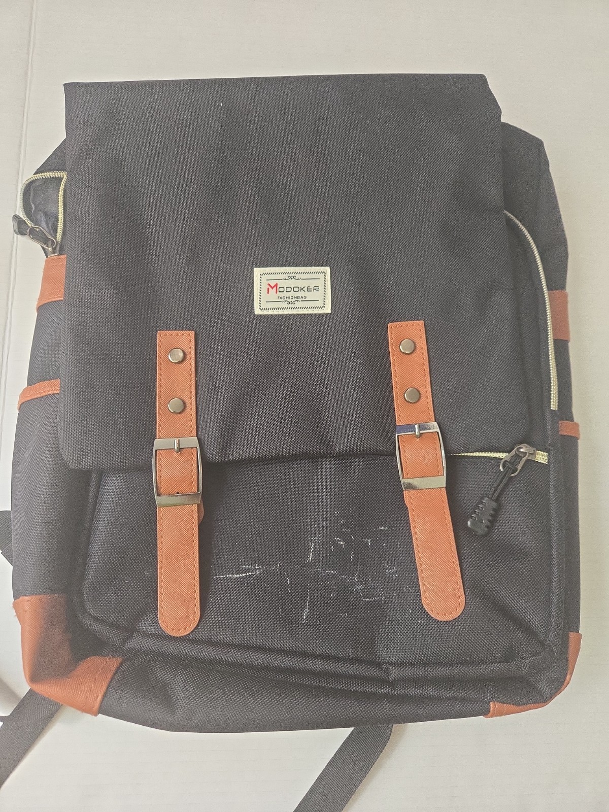 Modoker Black and Brown Backpack USB Port Padded Fits 15" Laptop Polyester