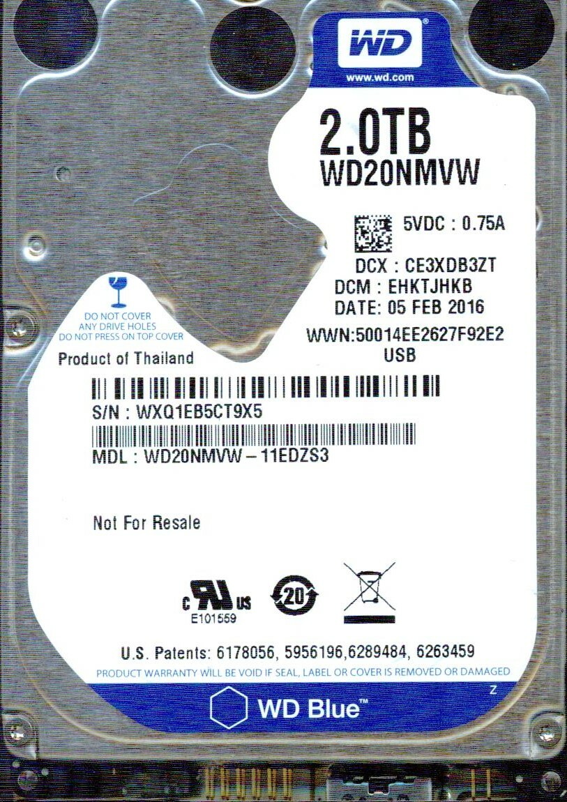 WD20NMVW-11EDZS3,  EHKTJHKB  WESTERN DIGITAL USB3 2TB FEB 2016  WXQ1