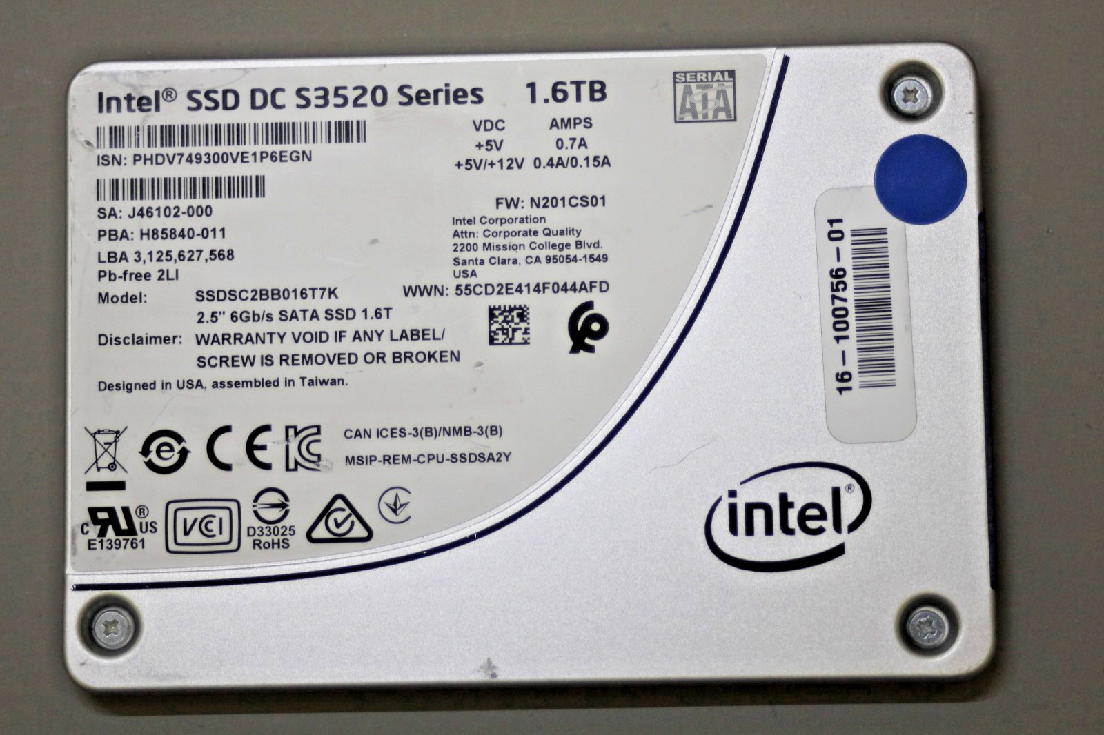 Intel DC S3520 Series 1.6TB 2.5" SATA SSD SSDSC2BB016T7K 90-99% Health