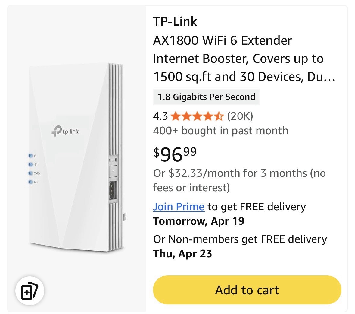 4.2 4.2 out of 5 stars (45) TP-Link AX1800 WiFi 6 Extender Internet Booster
