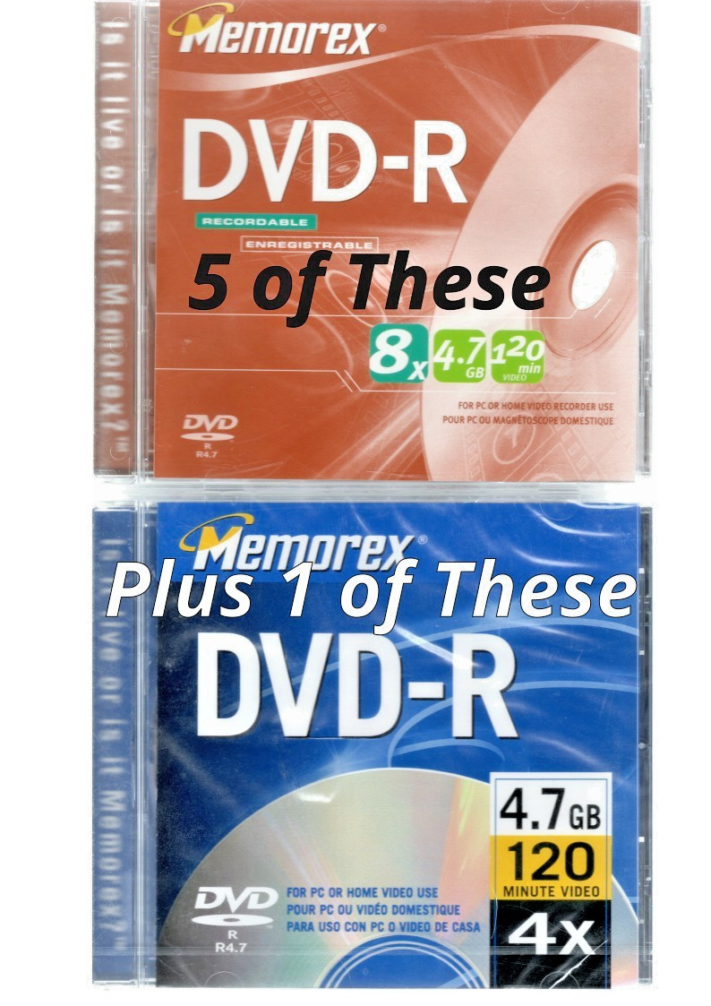 6 - Memorex DVD-R Discs 4.7GB 2 Hours Each Blank DVDs in Standard Jewel Cases