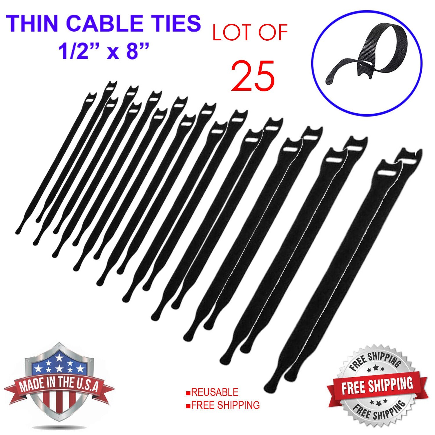 VELCRO Brand ONE-WRAP Thin Ties Cable Cord Organizer Reusable Straps - 25 Pcs