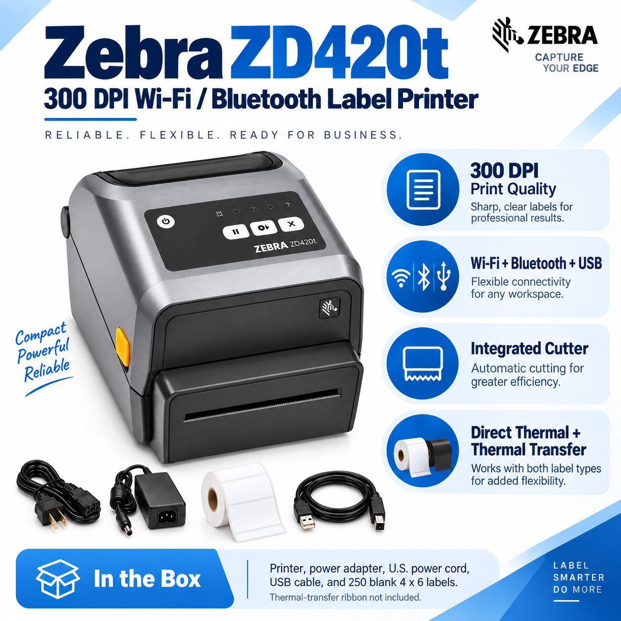 Zebra ZD420t 300 DPI WiFi Bluetooth 4x6 Thermal Label Printer Cutter + Labels