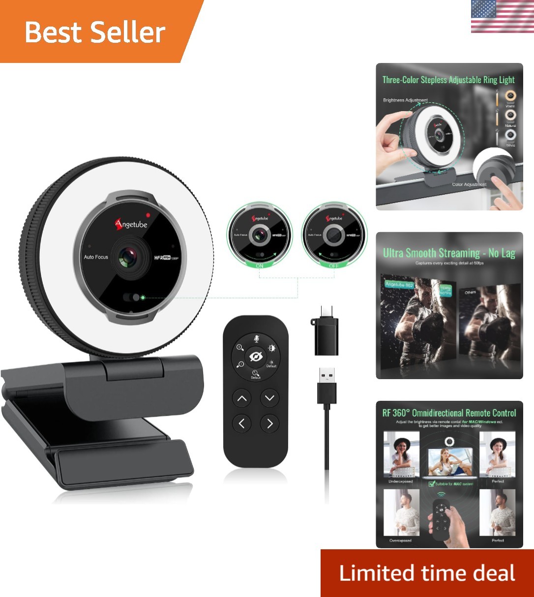 Streaming Webcam with Microphone, USB 1080P Web Cam w/Ring Light