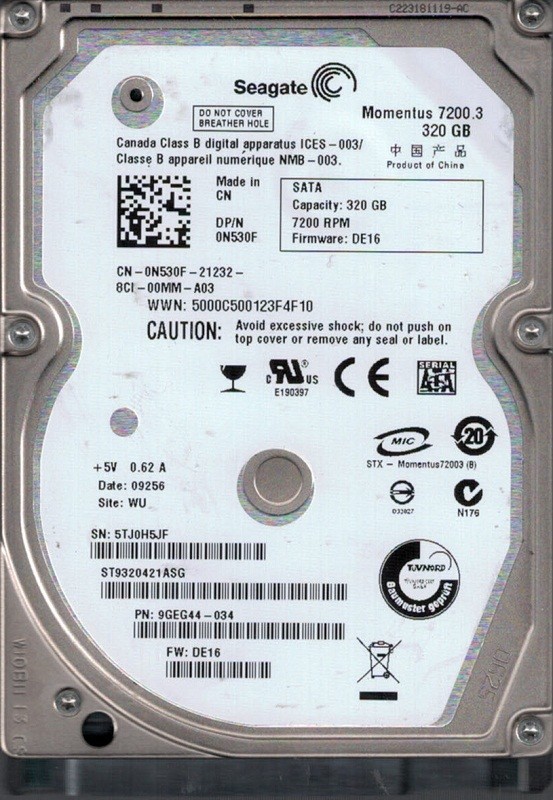 Seagate ST9320421ASG P/N: 9GEG44-034 F/W: DE16 320GB WU 5TJ