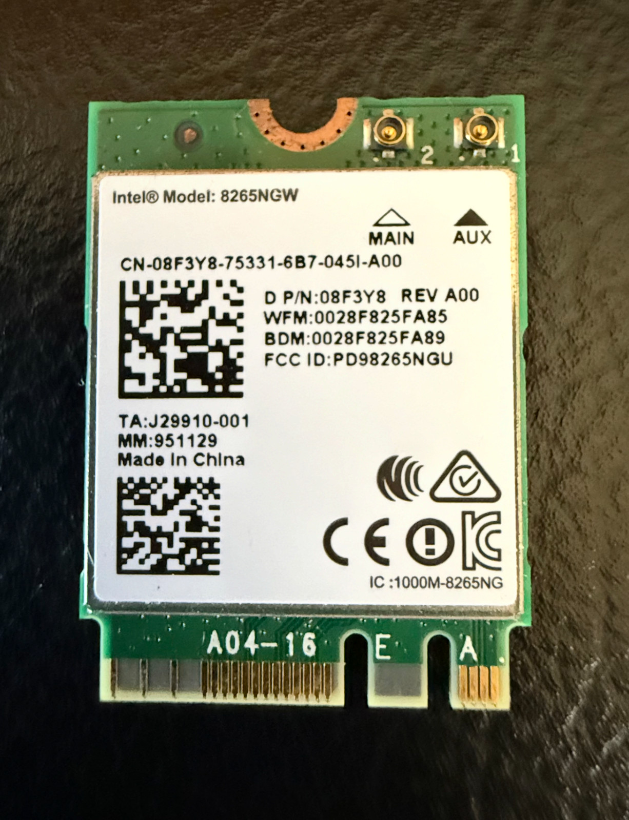 Intel Dual Band Wireless 8265NGW Wi-Fi + Bluetooth (08F3Y8)