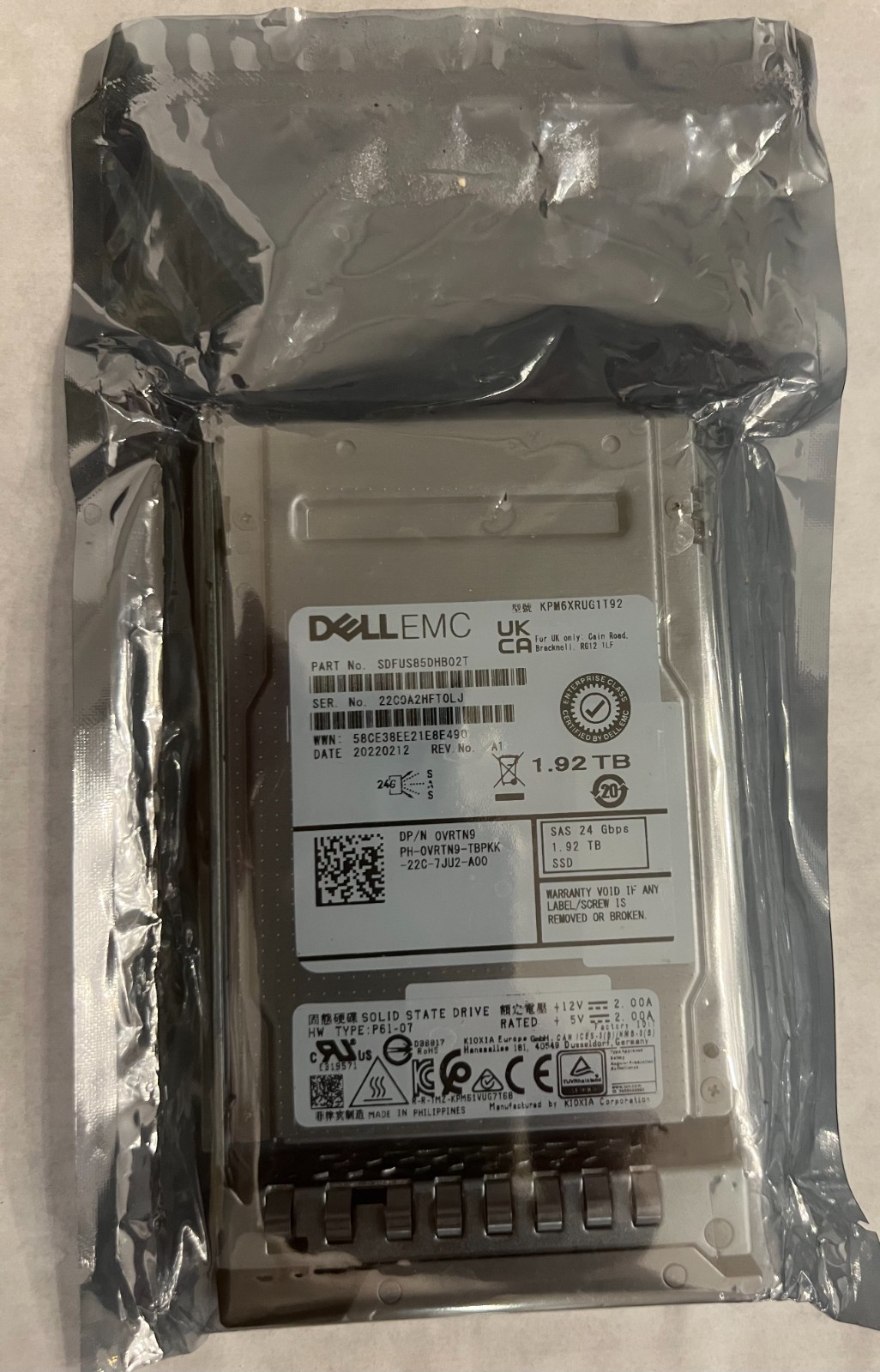 VRTN9 DELL  KPM6XRUG1T92 0VRTN9 345-BFWQ 1.92TB 24G SAS RI 2.5" SSD HARD DRIVE
