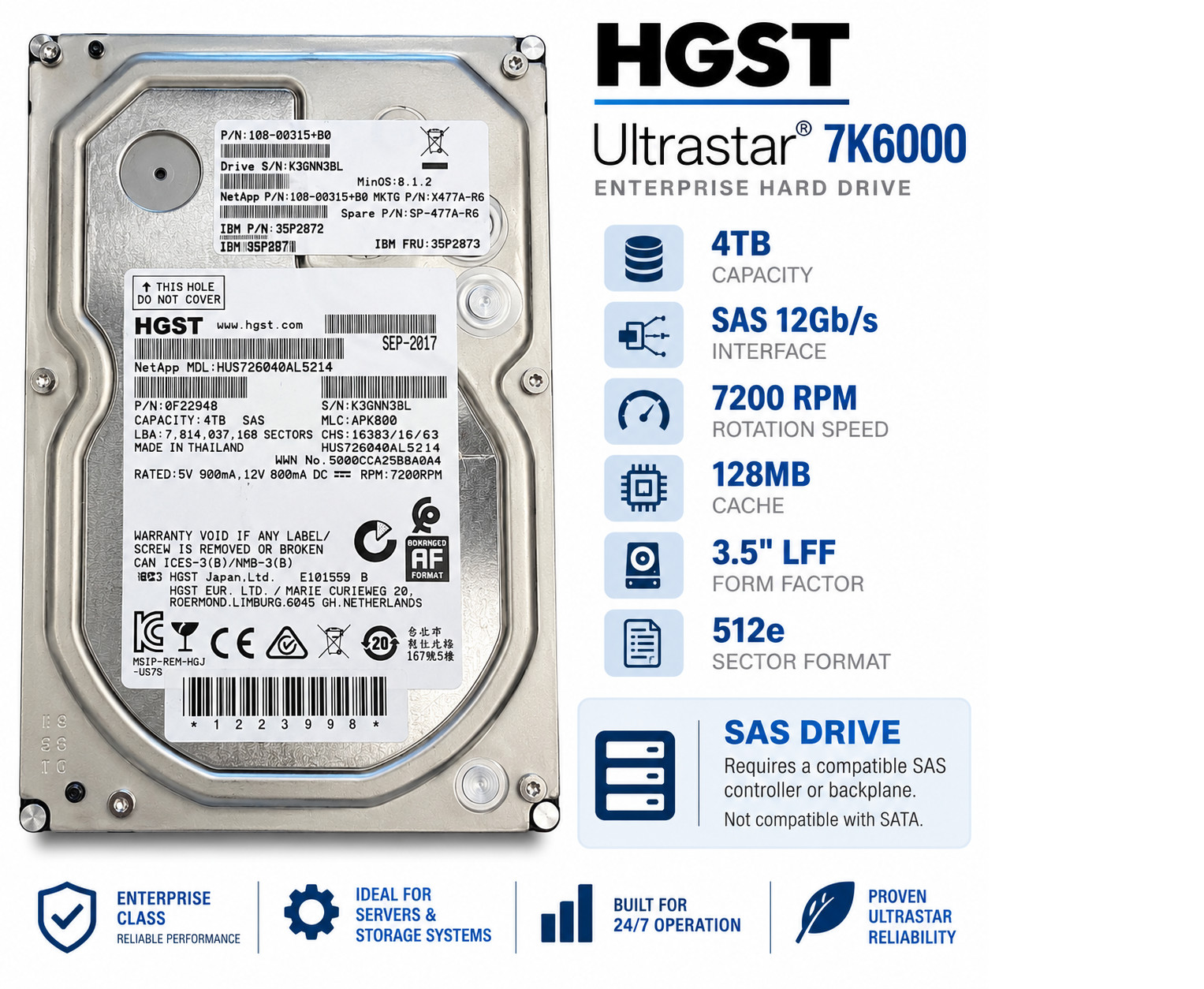 HGST Ultrastar 4TB SAS 12Gb/s 7200RPM 3.5" HDD HUS726040AL5214 4Kn