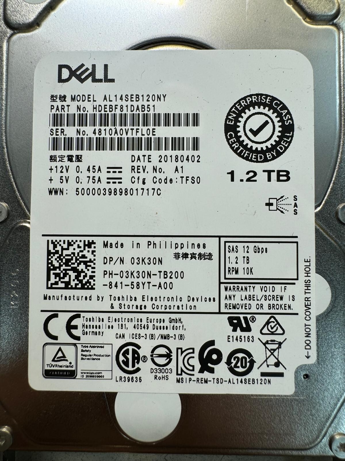 DELL 3K30N AL14SEB120NY HDEBF81DA51 1.2TB 10K RPM Cache 128 MB 12Gbps SAS 2.5"