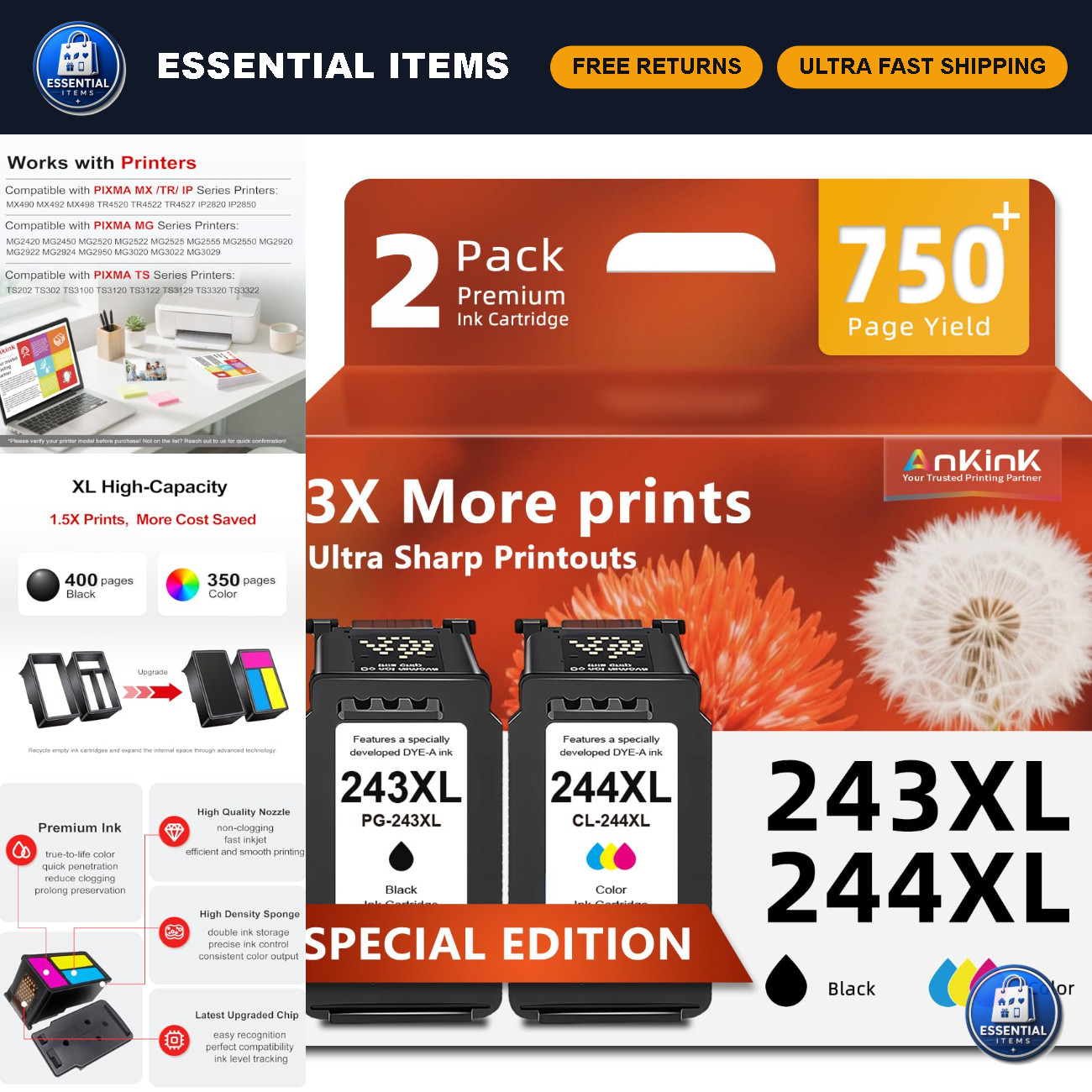 High-Capacity Ink Cartridges 243XL 244XL Replacement for Canon Printers - 2-Pack