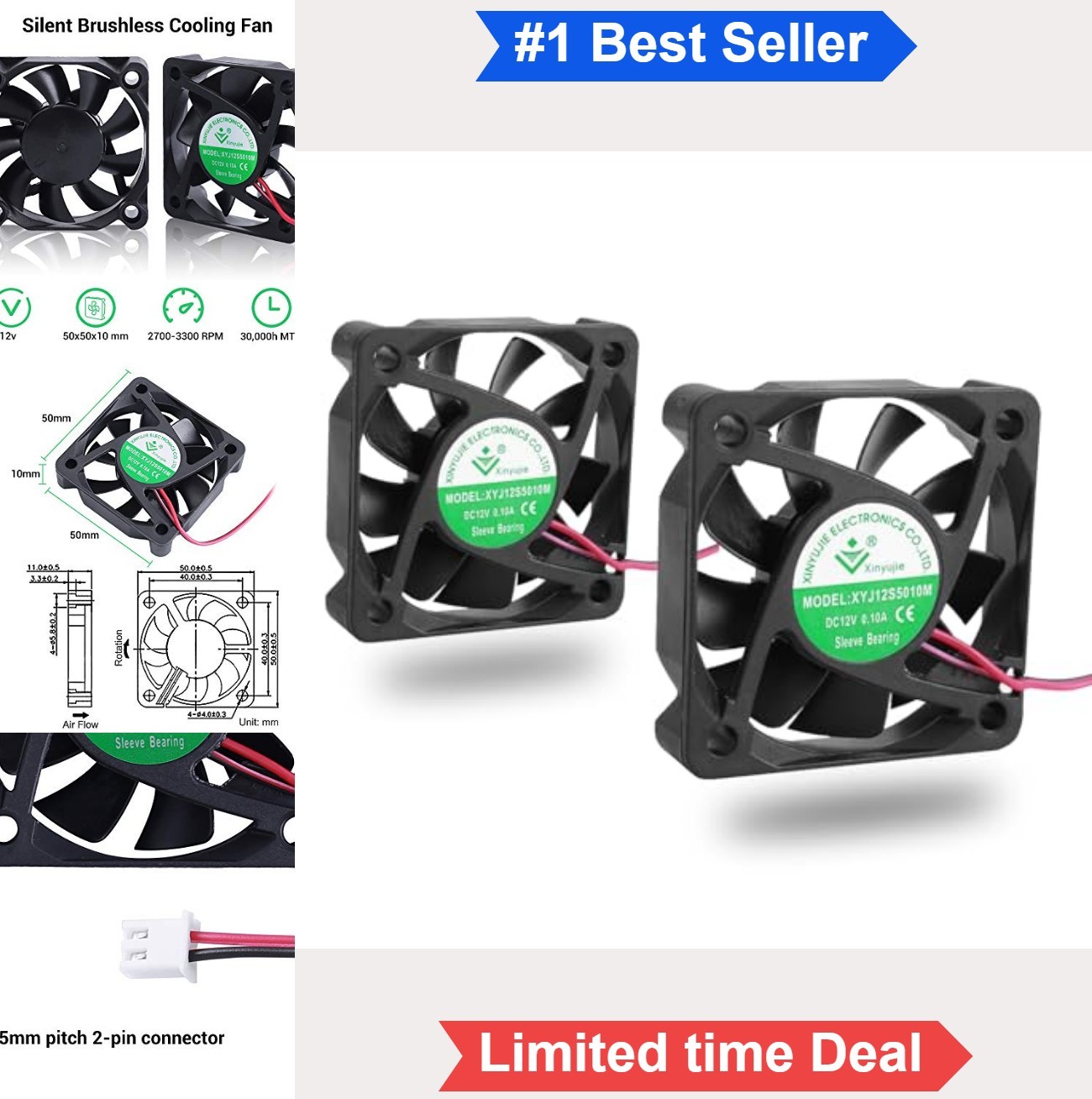 2 Pack 50mm 12V Cooling Fan 0.08A DC Brushless 4200 RPM 11.89 CFM 23 dB Quiet