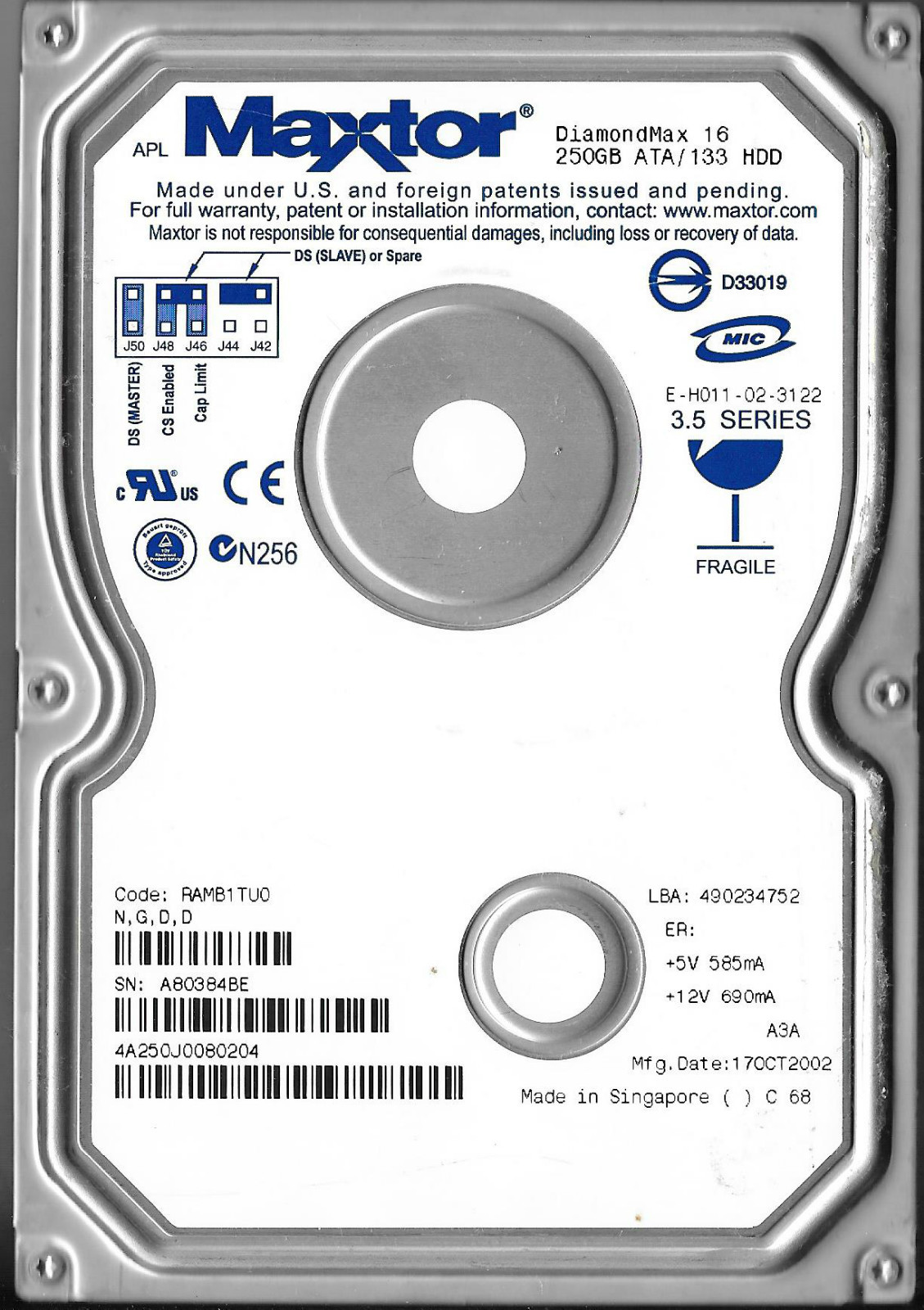 MAXTOR DIAMONDMAX 16 4A250J0 250GB IDE HARD DRIVE CODE: RAMB1TU0  N,G,D,D