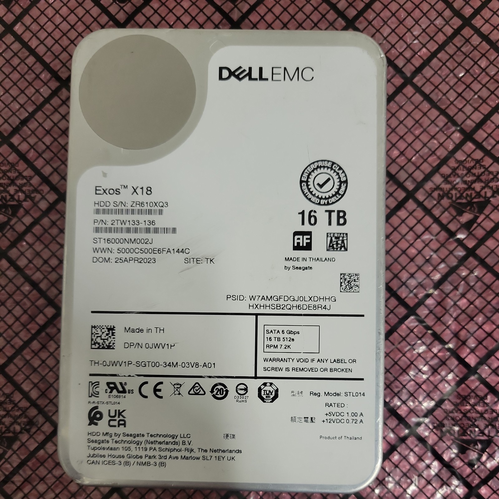 Dell EMC 16TB 7.2K 6Gbps SATA 3.5in 512e HDD ST16000NM002J P/N:JWV1P