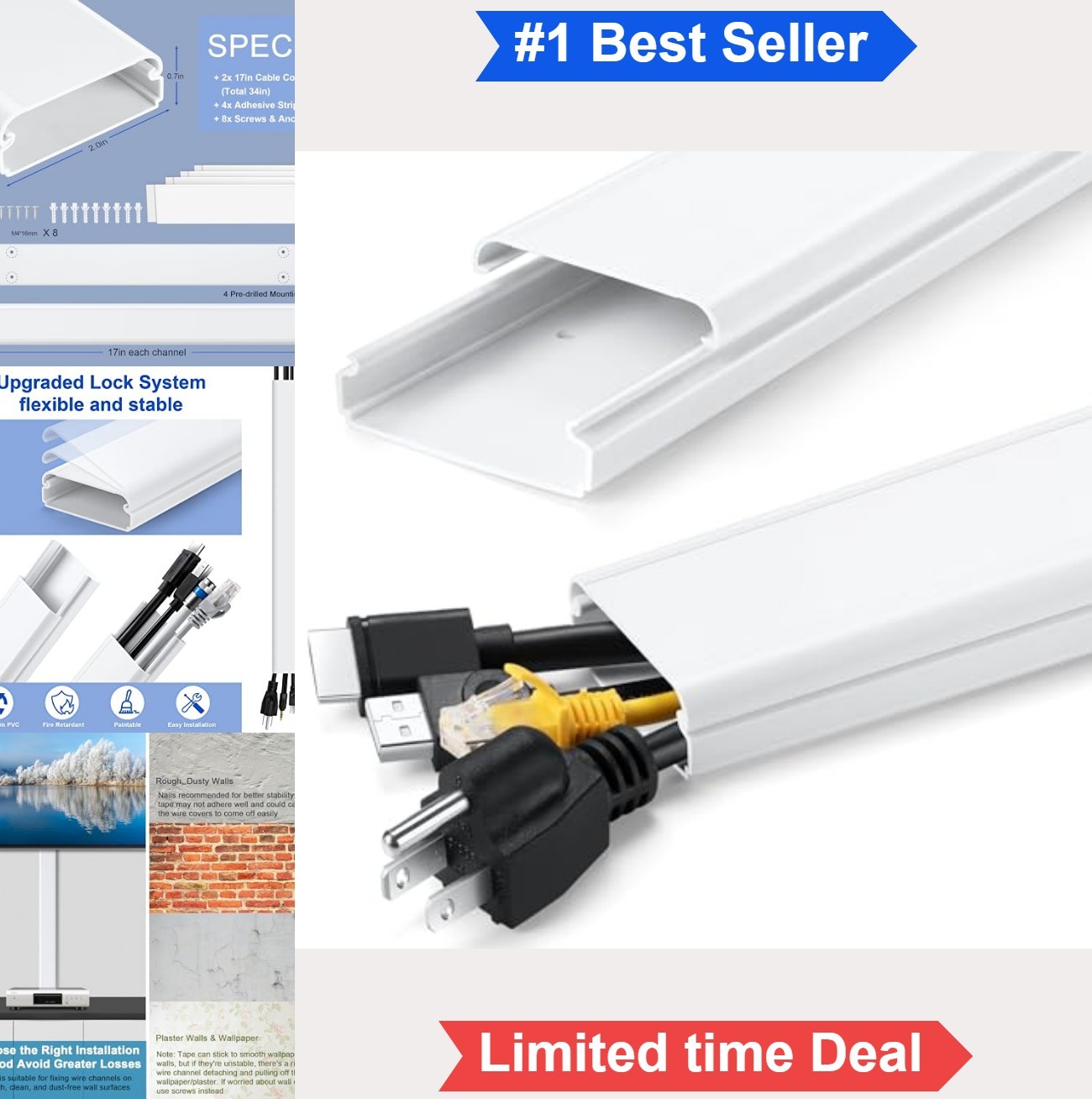 Cord Hider for Wall Mounted TV 34in White Cord Cover 2inW 0.7inH Cable Raceway