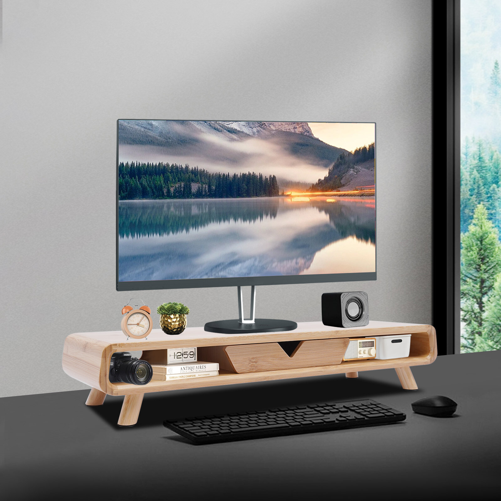 24 Bamboo Monitor Stand + Back Baffle Drawer Desktop Stand Riser 4.5 Height
