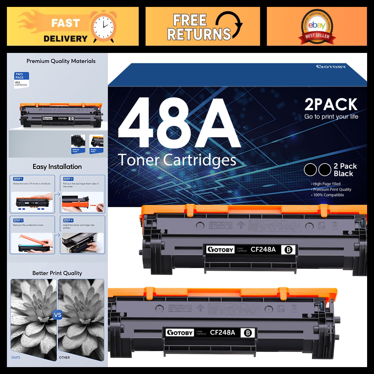 Black Toner Cartridge Replacement for HP 48A CF248A - 2-Pack, High Yield, Compat