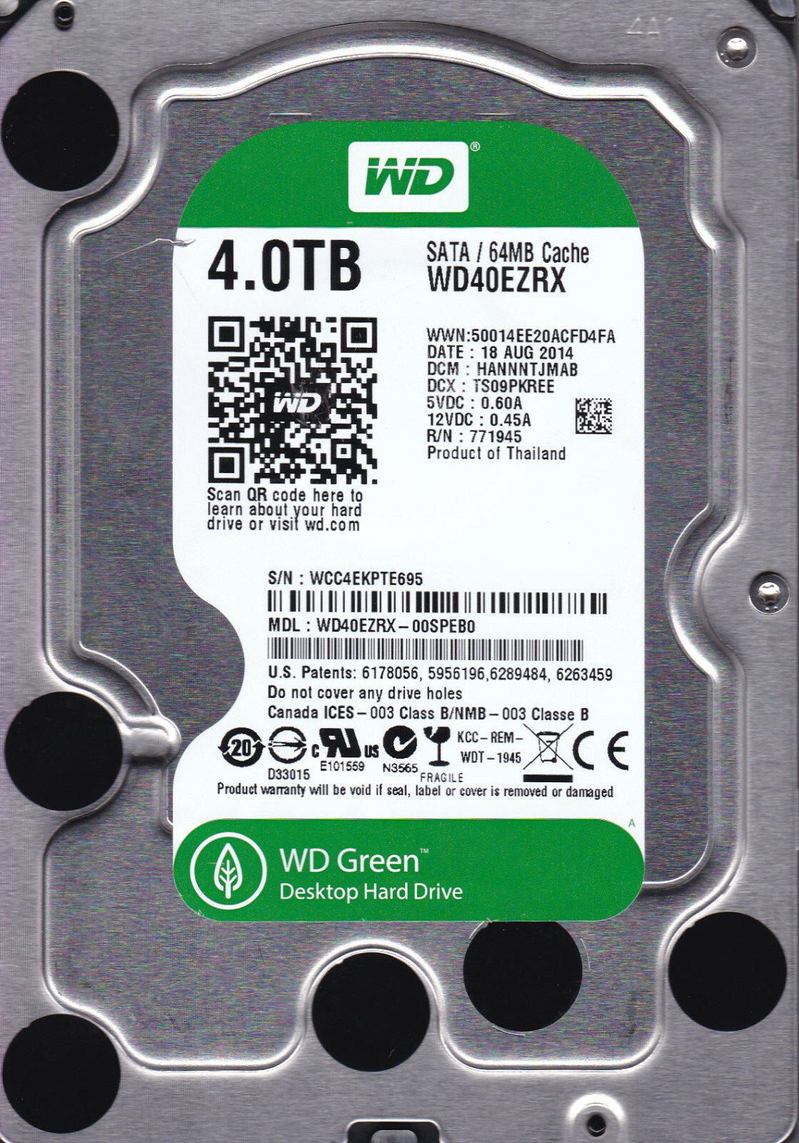 WD WD40EZRX-00SPEB0 dcm:HANNNTJMAB s/n:WCC4E 2014 4TB SATA 3.5" HDD A16-13