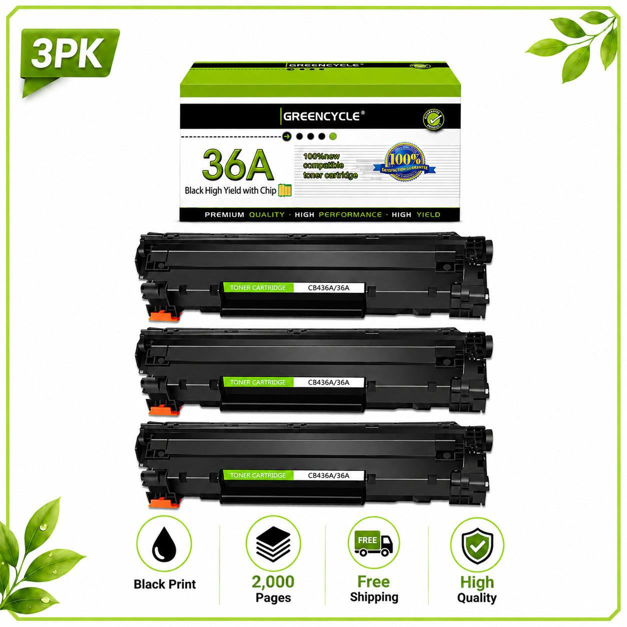 3PC CB436A 36A Toner Cartridge Fit For HP 36A LaserJet P1505N M1522N MFP