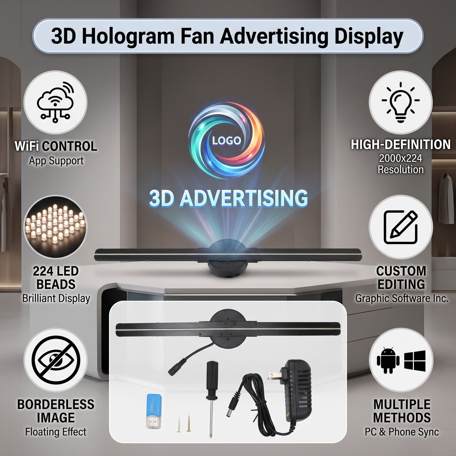 3D Hologram Fan Long Service Life 100000 Hours Holographic Display For Bar