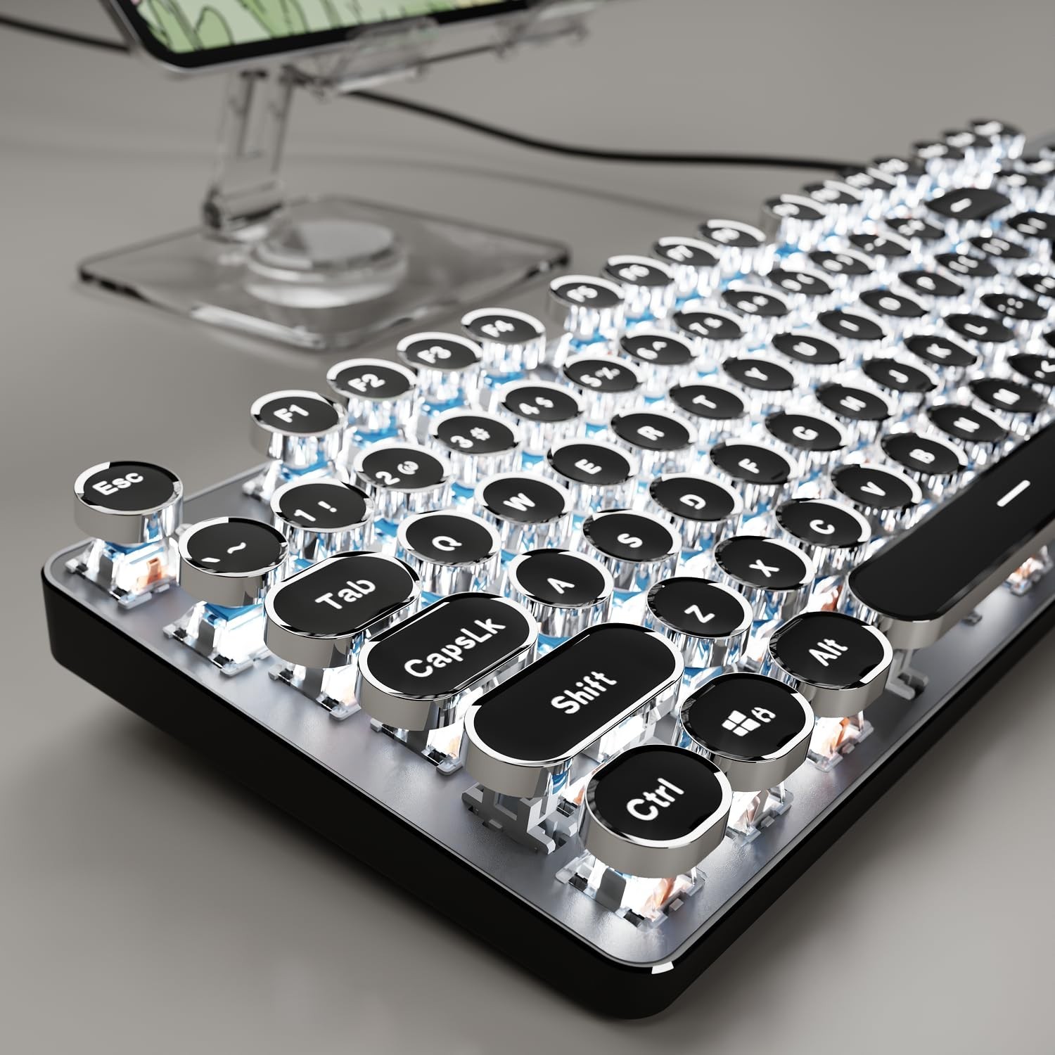 Retro Typewriter Mechanical Gaming Keyboard - White Backlit, Clicky Blue Switch,