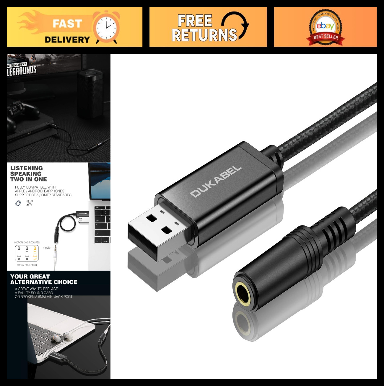 USB Audio Adapter, USB to 3.5mm Aux Converter for Headset & Microphones, 6.6FT