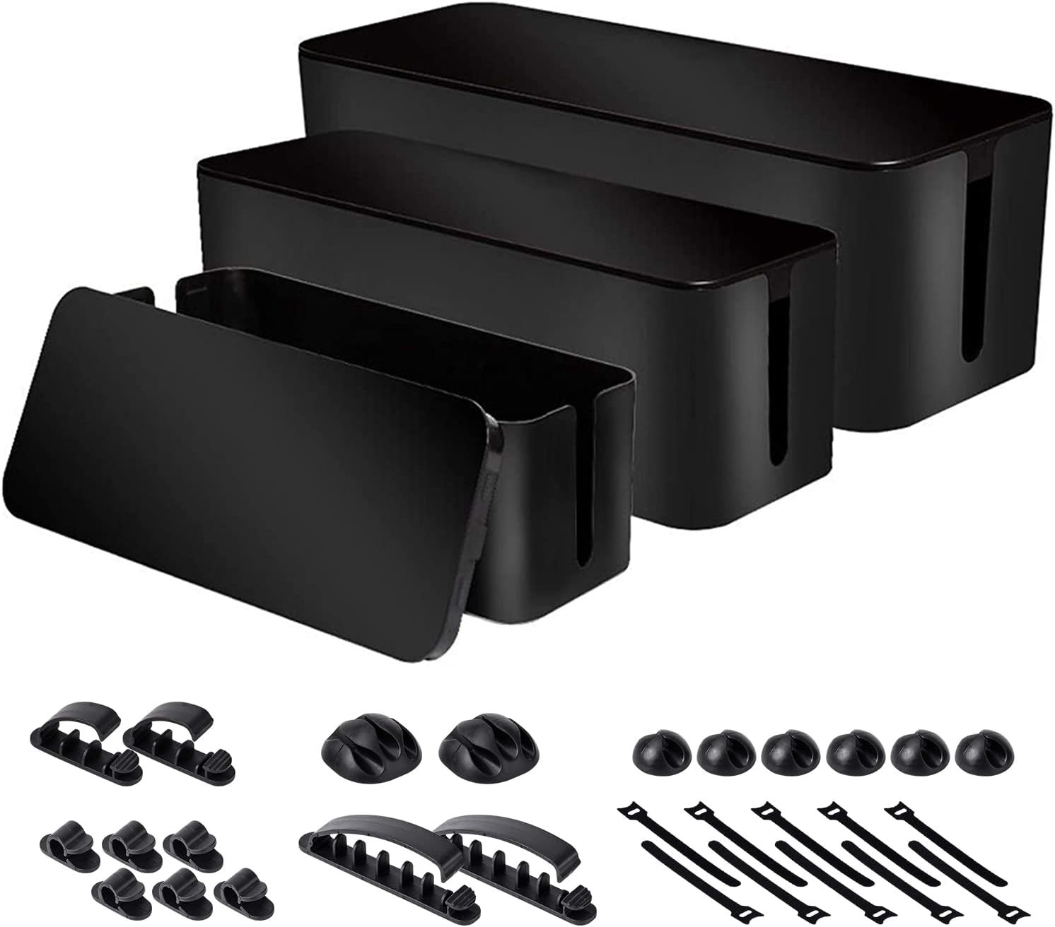 Cable Management Box Set of 3 Power Strip Organizer Cord Storage Black Desk Kit
