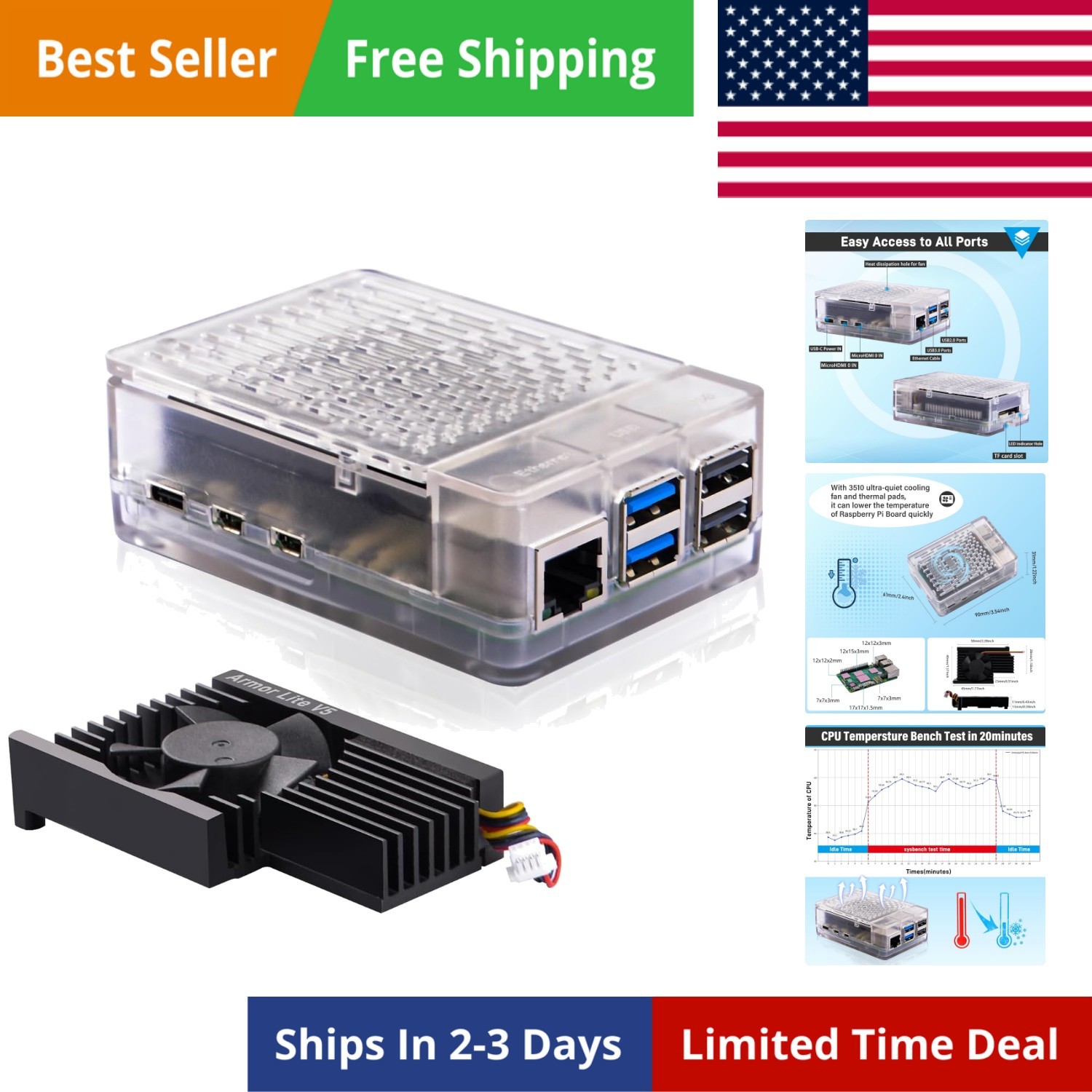 ABS Case with Armor Lite V5 Active Cooler for Raspberry Pi 5, Pi 5 Case with ...