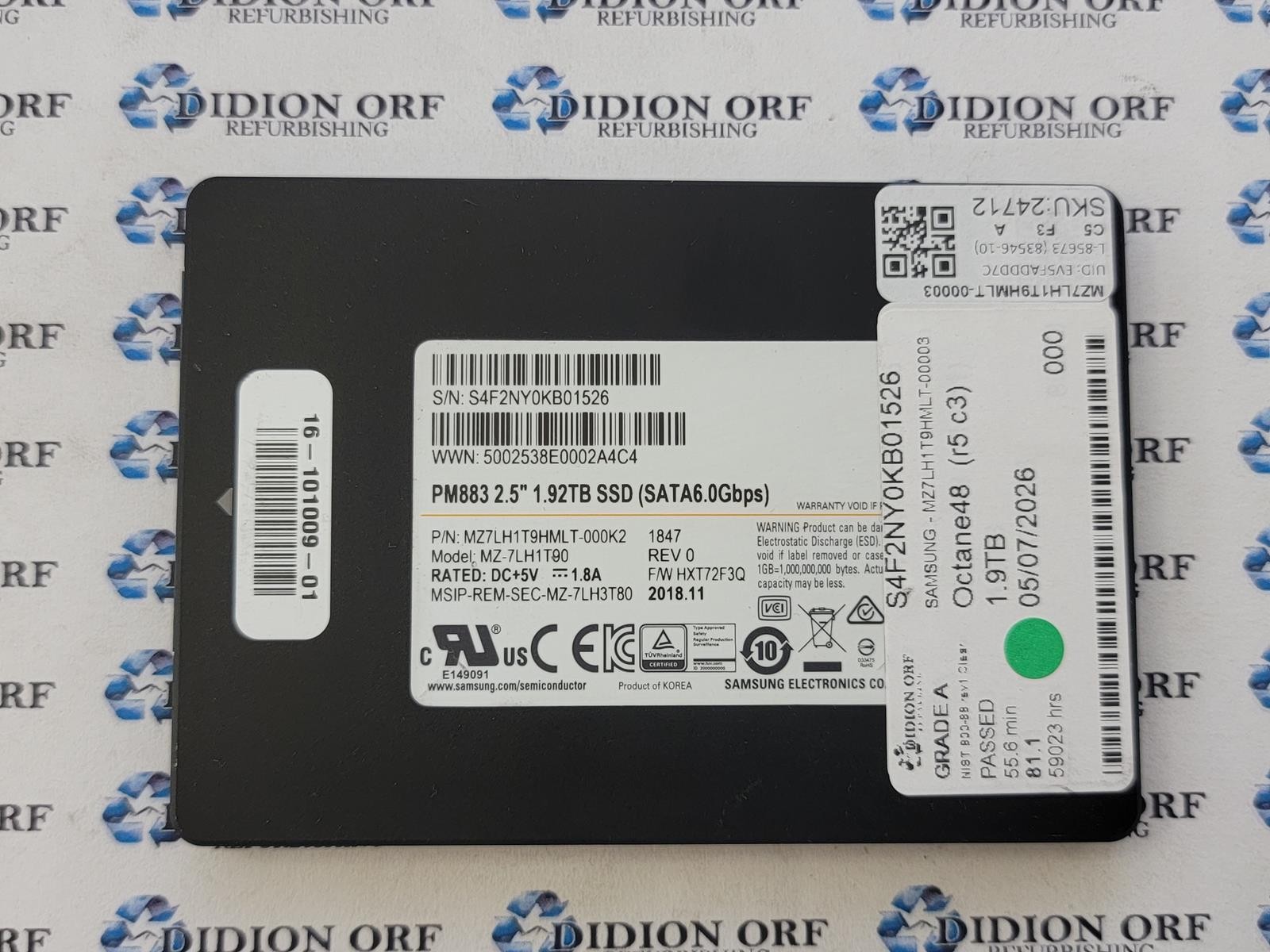 SAMSUNG PM883 1.9TB 2.5" SATA SSD MZ7LH1T9HMLT-00003, Grade A SKU 24712
