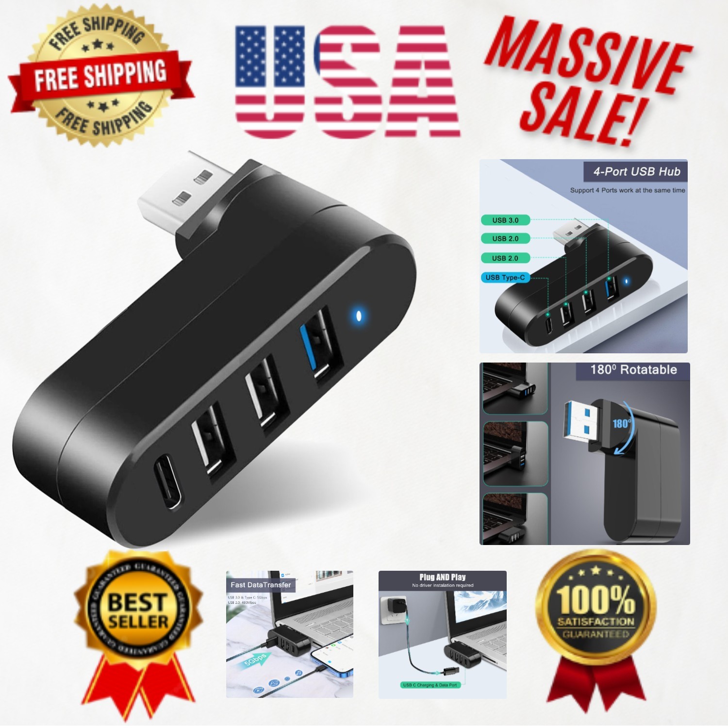 Versatile 4-Port USB 3.0 Extender - 90°/180° Rotatable for Laptops & MacBooks