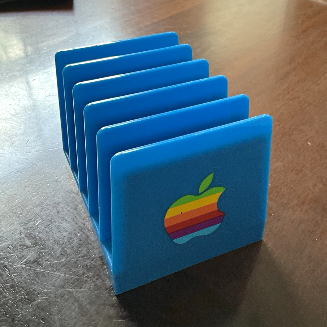 Blue Plastic Desktop Organizer/ Disk Holder w/ Vintage Apple Rainbow Logo