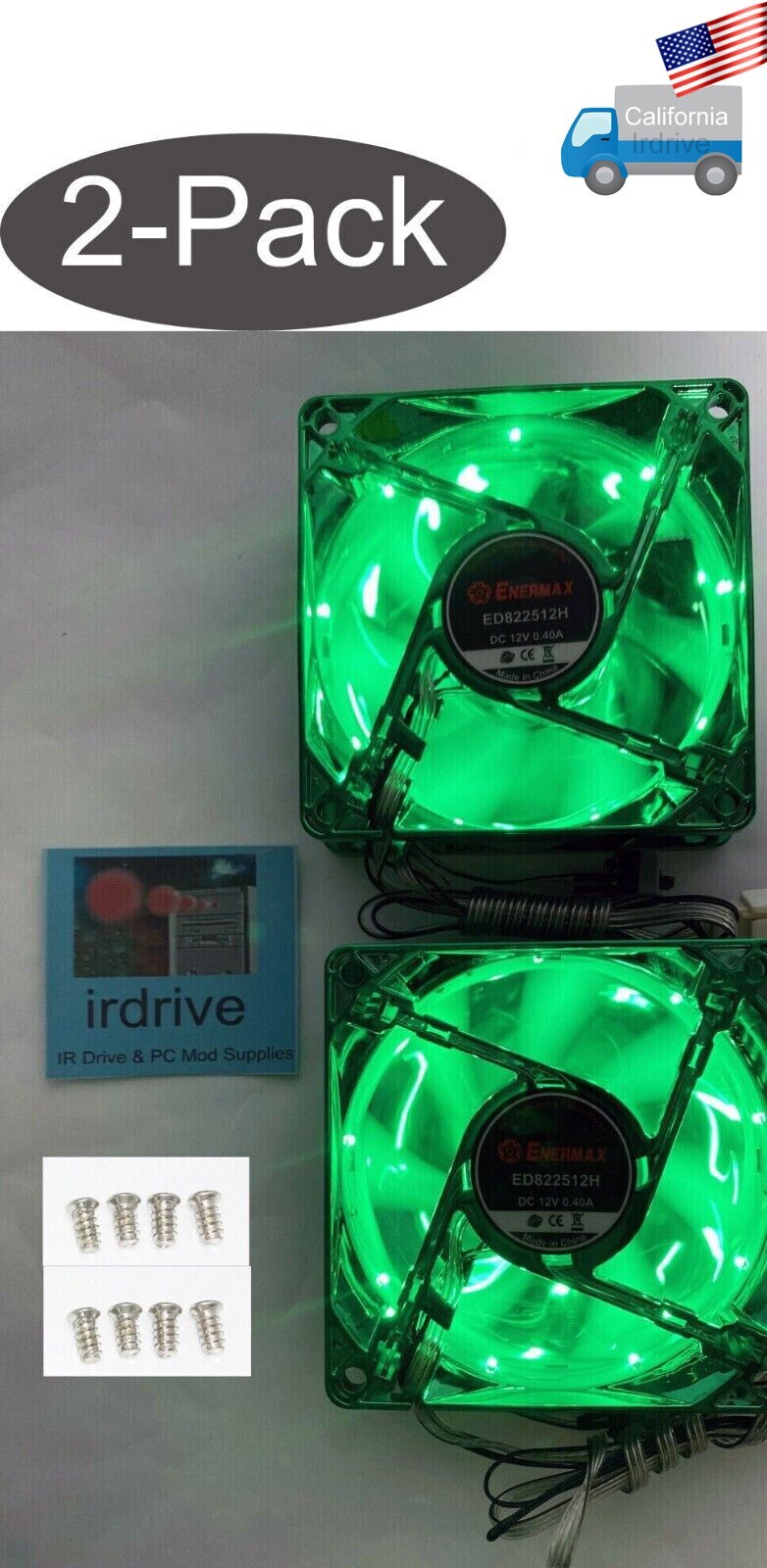 2-pack: NEW Enermax 80mm Green 3pin LED Smart Case Cooling Fan + Thermal Control