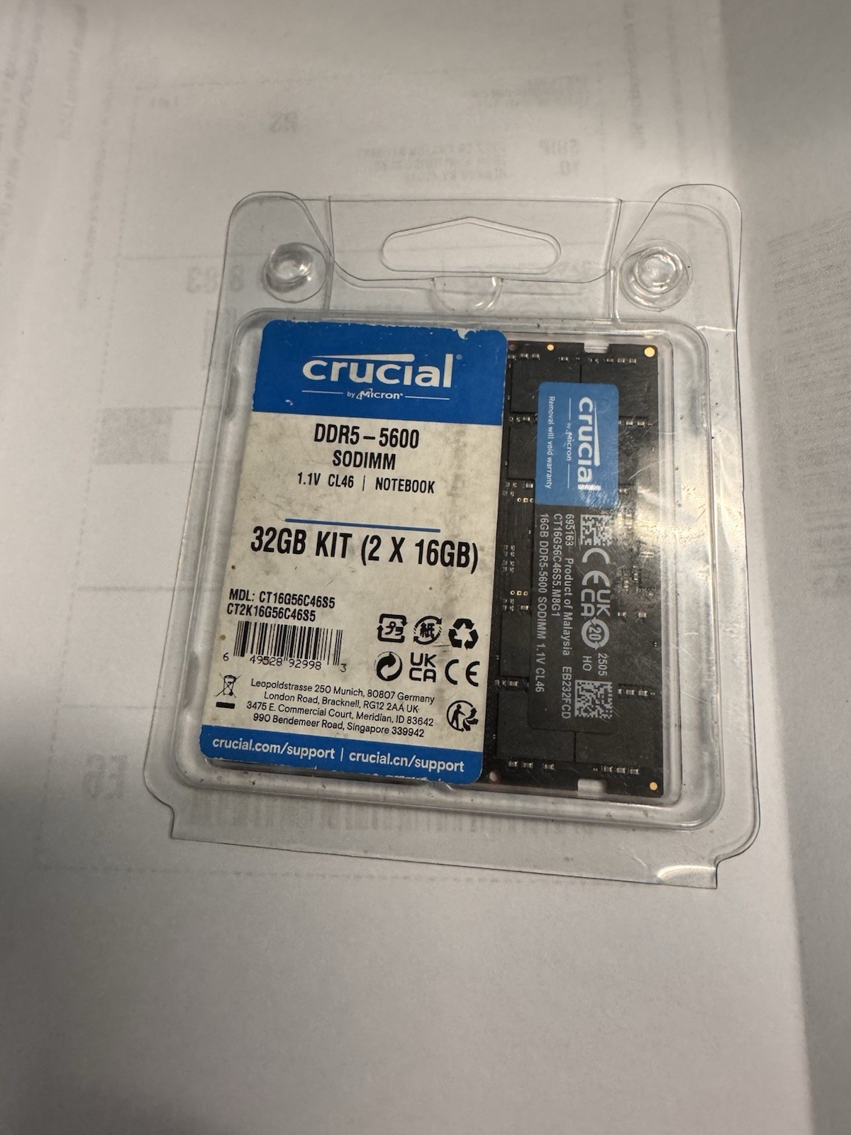 Crucial 32GB 2x16GB DDR5 5600 SO-DIMM Laptop Memory RAM XMP EXPO