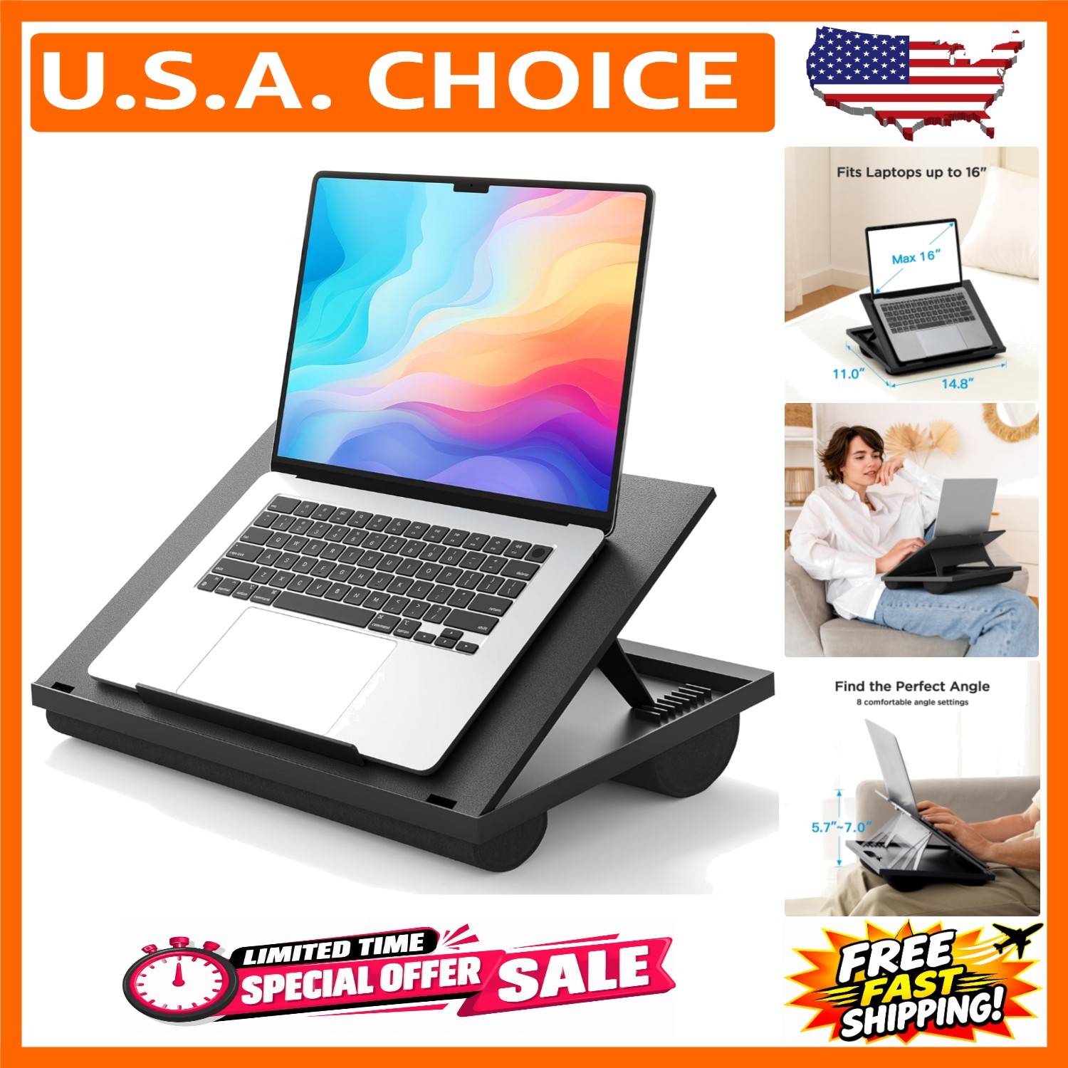 HUANUO Lap Desk with 8 Adjustable Angles – Up to 15.6" Laptop, Black