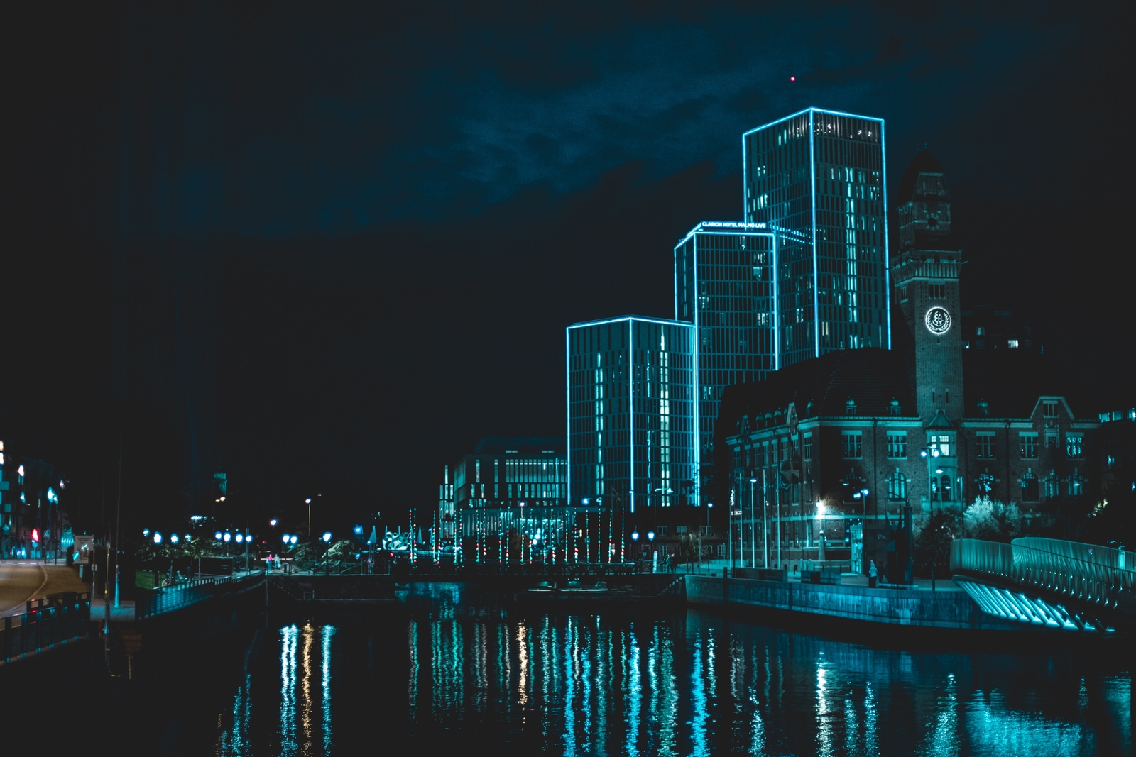 Landscape city night neon blue river water reflection Custom Gaming Mat Desk
