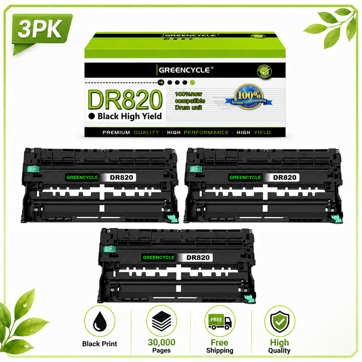 3PK Compatible with Brother HL-5200DW HL-6200DW HL-6200DWT MFC-6750DW DR820 Drum