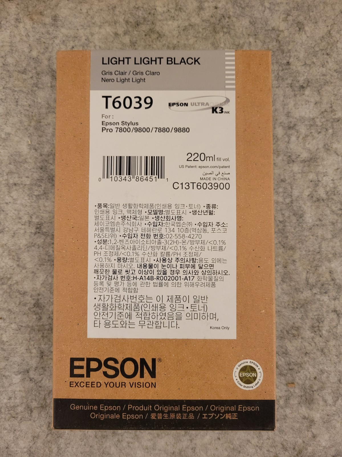 Genuine Epson 2021 T6039 Light Light Black 220ml Ink Stylus Pro 7800 9800